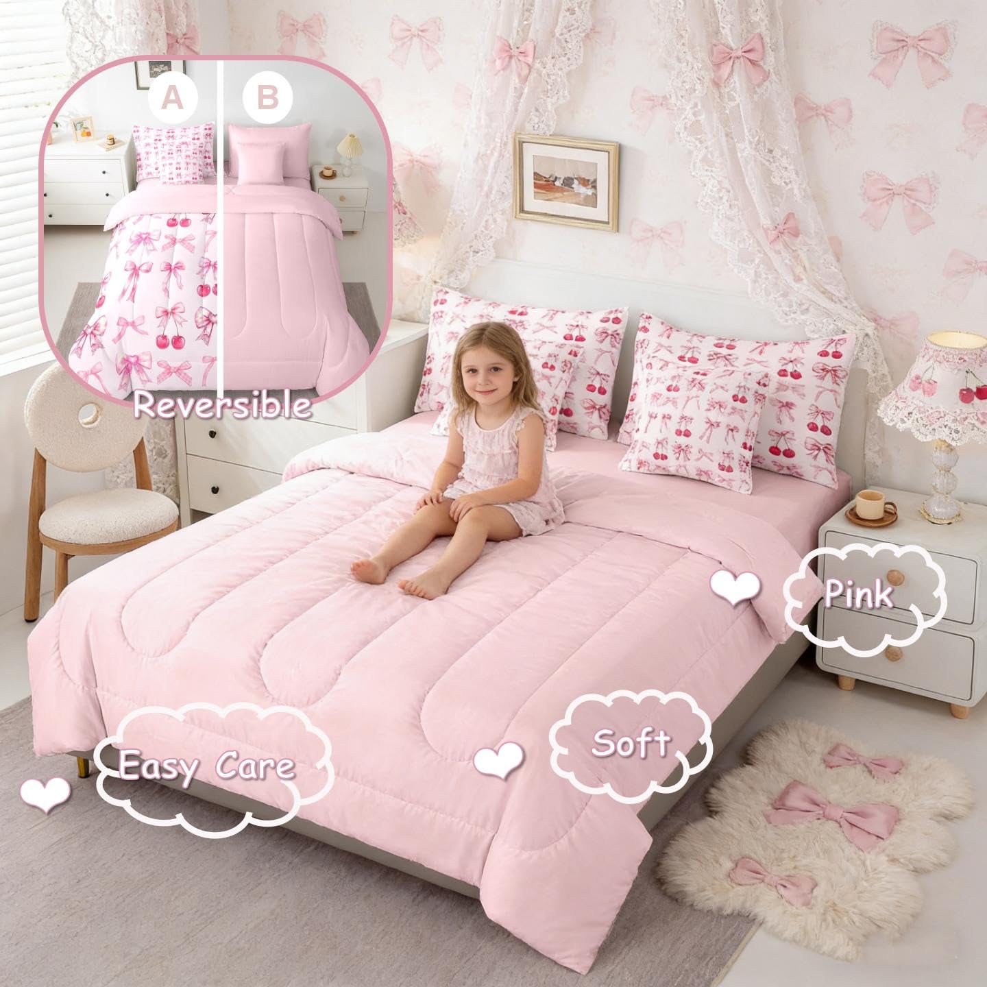 Pink Cherry Bow Twin Comforter Set for Girls 7 Piece Bed in a Bag,Cute Bowknot Reversible Twin Bedding Sets for Girls,Princess Bow Coquette Comforter and Sheet Set Girly Kawaii Room Decor Aesthetic