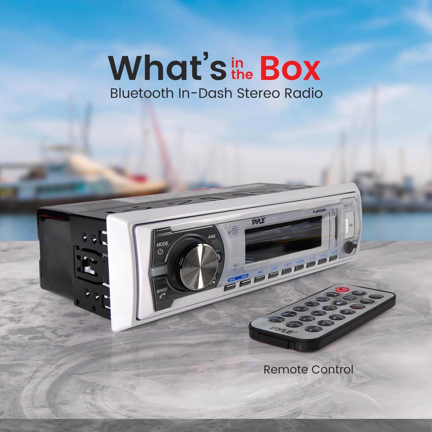 Pyle Marine Bluetooth Stereo Radio - 12v Single DIN Style Boat In dash Radio Receiver System with Built-in Mic, Digital LCD, RCA, MP3, USB, SD, AM FM Radio - Remote Control - PLMRB29W (White)