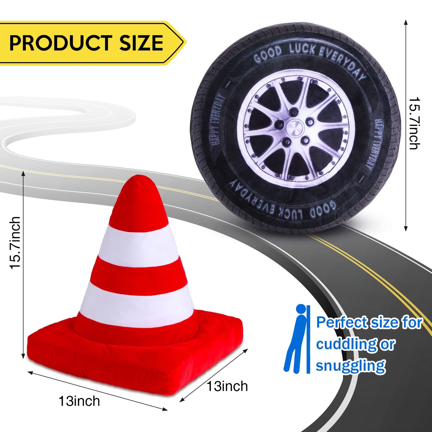Woanger 2 Pcs Race Car Room Decor Racing Plush Throw Pillow Set Gift 15.7 Inch Soft 3D Simulation Wheel Pillow Funny Tire Cone Traffic Light and Stop for Valentines Bedroom Decorations(Traffic Cone)