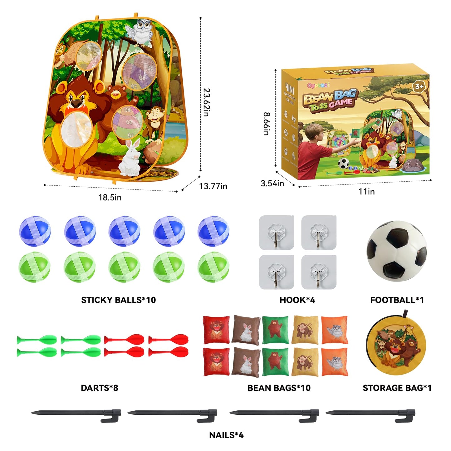 4 in 1 Animal Bean Bag Set for Kids Cornhole Board Game with Dart Board for Toddlers Outdoor Family Party Game Backyard Beach Lawn