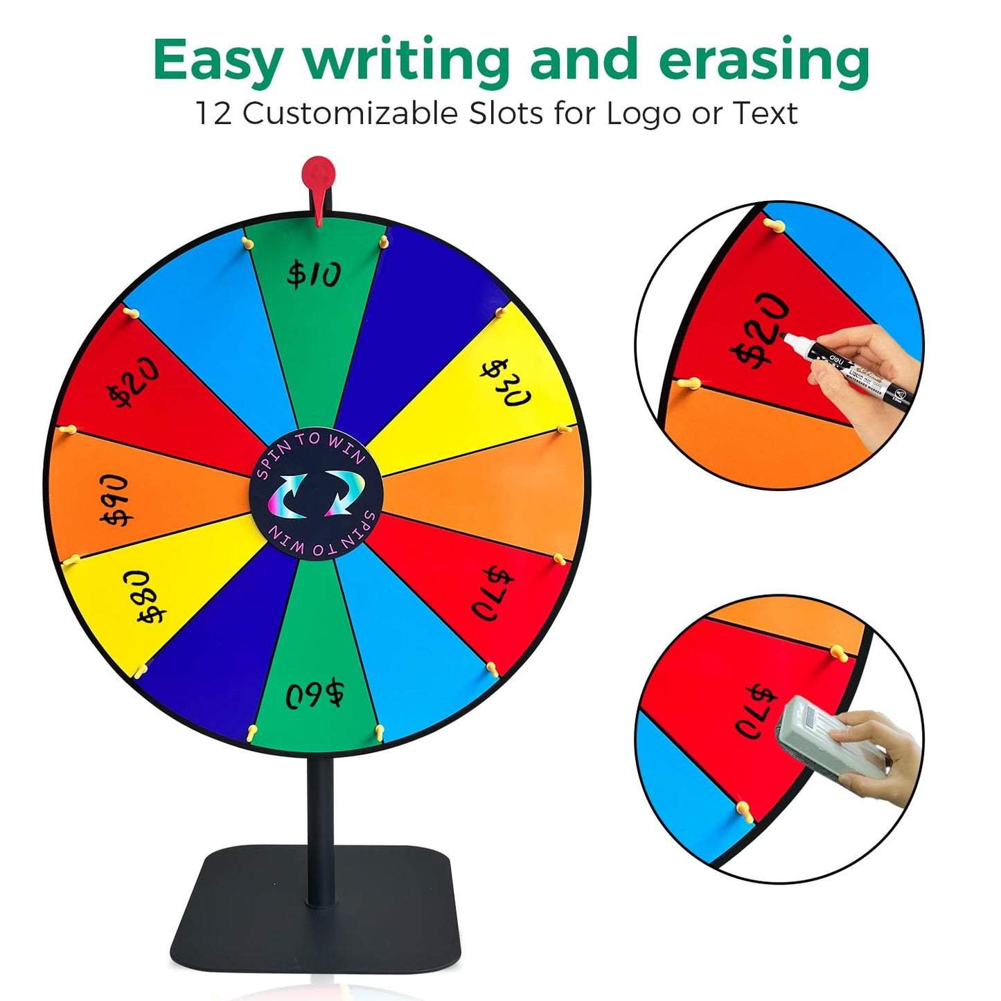 24 Inch Heavy Duty Spinning Prize,Ajustable 34"-61" Height Spinning Wheel for Prizes,12 Slots & Dry Erase Marker & Eraser for Carnival,Wheel of Fortune Game Carnival & Engaging Home Parties,Tradeshow