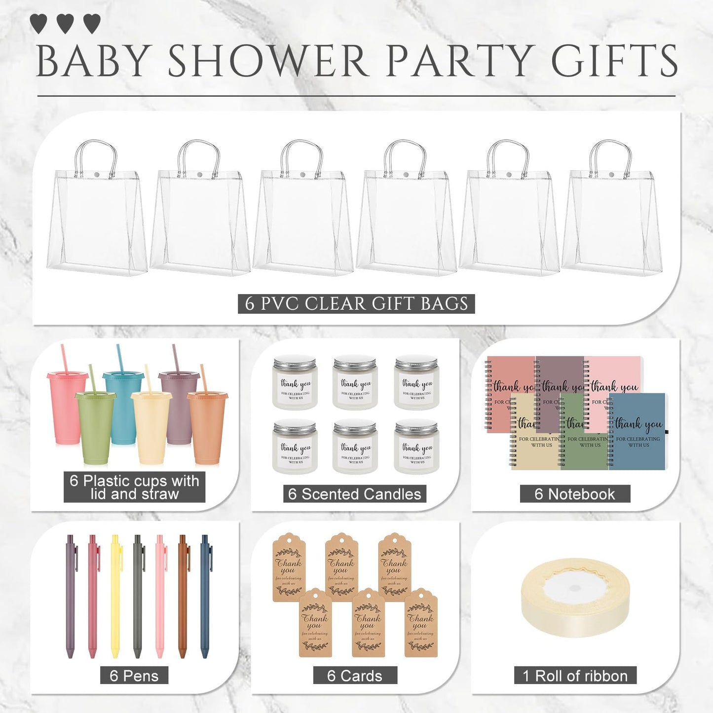 Nuogo 6 Sets New Parent Shower Prizes for Player Winners Adults Include Plastic Tumbler Notebook Scented Candles Ballpoint Pen Gift Bag, Party Player Winner Gifts (Morandi Color,Classic Style)