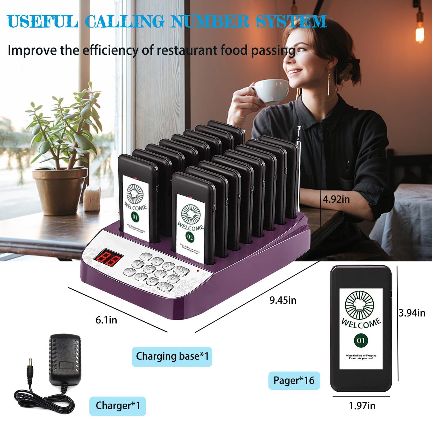 PANDAAR Beepers for Restaurants,Restaurant Buzzer System,16 Pagers with Vibration, Flashing and Buzzer,Lineup Waiting Queue Pagers for Restaurant Food Truck Church Nursery