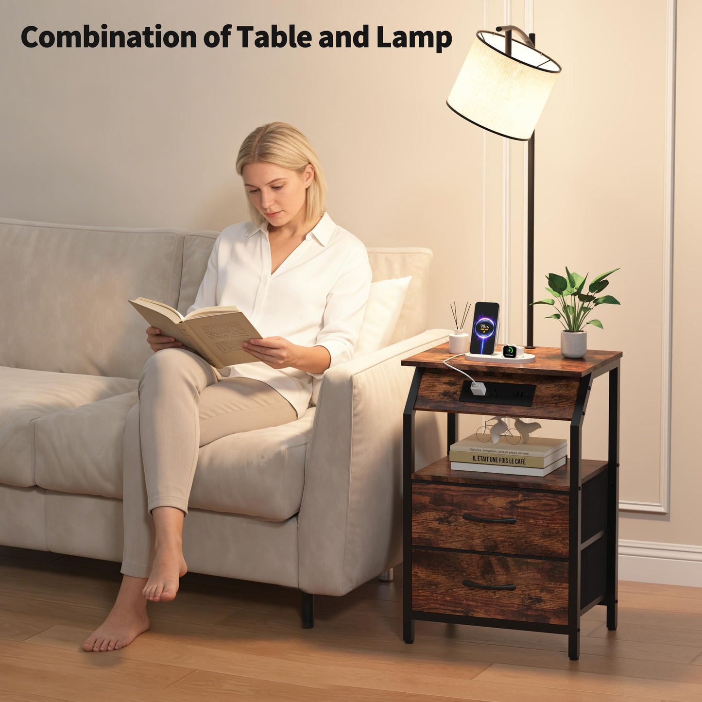 ZHNSYDN End Table with Floor Lamp, Nightstand with Charging Station, Floor Lamp Table with 3-Color Temperature Bulb, Bedside Table Night Stand with 2 Drawers for Bedroom, Living Room, Brown