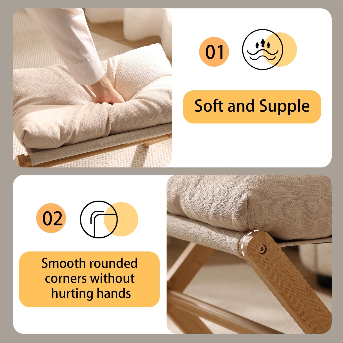 Baveke Folding Upholstered Footrest Stool, Small Accent Ottoman with Thick Cotton Cushion & Bamboo X Legs, Modern Padded Sofa Stool for Makeup Bedroom Living Room (Beige)