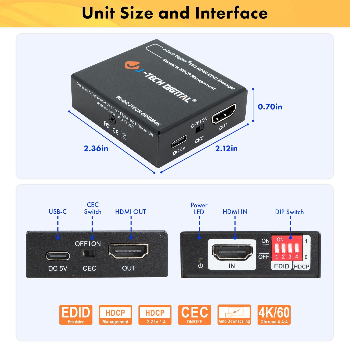 J-Tech Digital HDMI EDID Emulator HDCP Manager 4K60Hz Auto Downscaling, 8 EDID Modes & Custom EDID Settings, Power by USB C or HDMI, Supports CEC On/Off [JTECH-EDIDM4K]