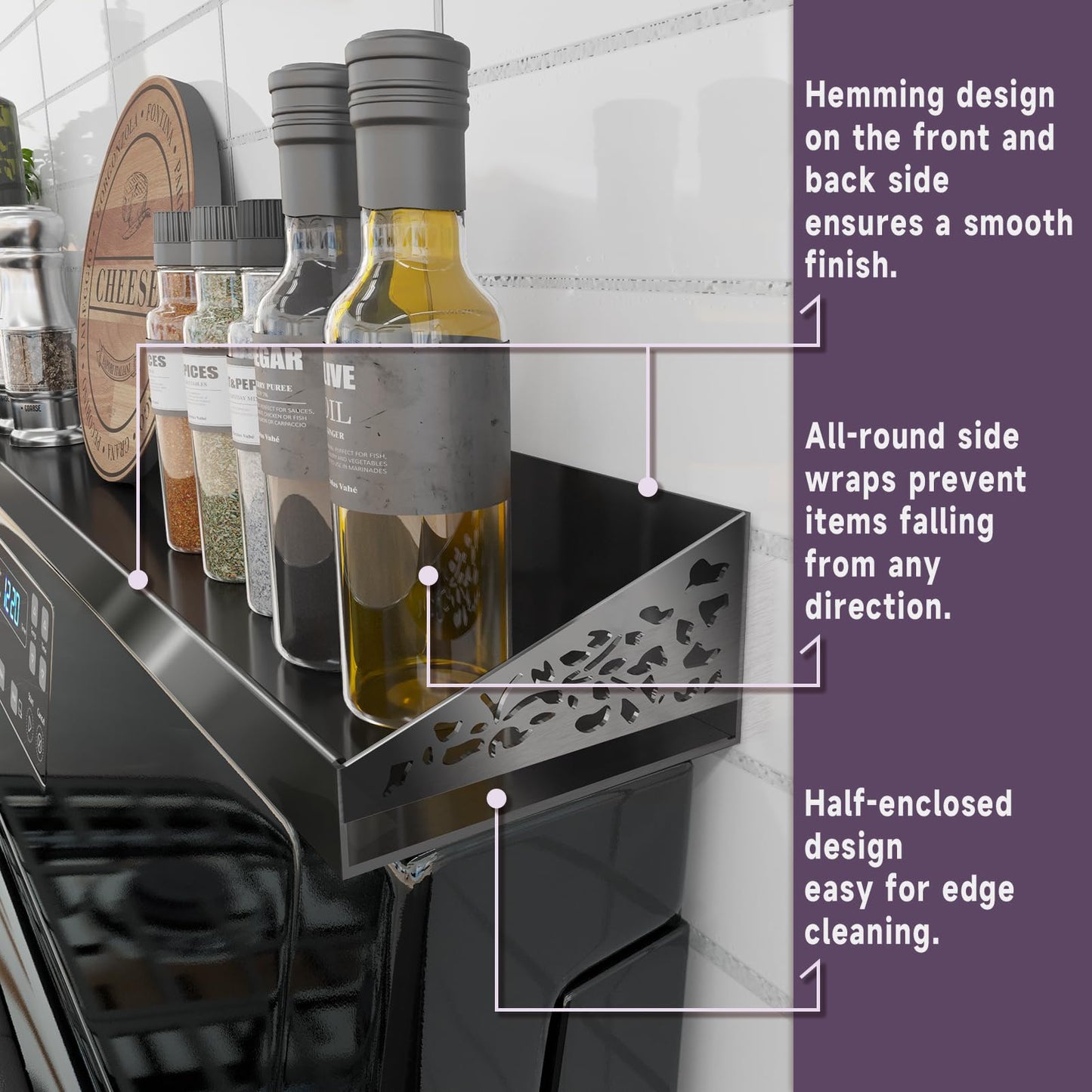 STUTOV 30" Magnetic Stove Top Shelf – Black Stainless Steel Spice Rack and Seasoning Organizer – Kitchen Shelf for Back of Stove – Over Stove Rack and Storage Organizer