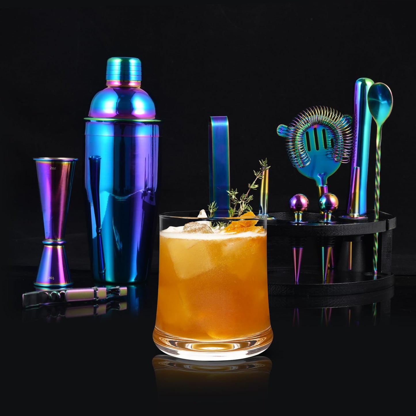 Safring Bartender Kit with Stand, 12-Piece Bar Set | 24oz Cocktail Shaker Set for Drink Mixing, Martini Shaker Set with Bar Tools, Recipes Booklet | Fun Housewarming Gift (Rainbow)