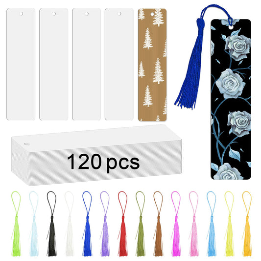 120 Pcs Sublimation Bookmark Blank Heat Transfer Aluminum Metal Bookmarks Bulk DIY Bookmarks with Hole and Colorful Tassels for Crafts,Personalized Tassels Blank Bookmarks