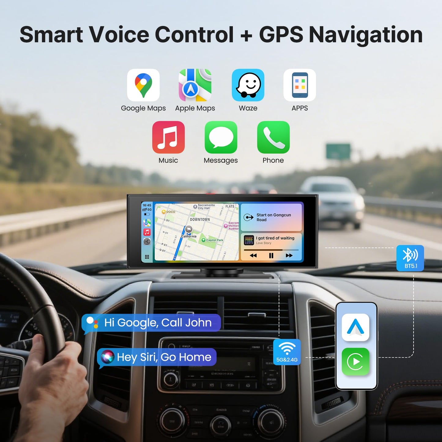 WonVon Wireless Car Play Screen, 10.26'' Monitor with Apple Carplay & Android Auto, 4K Dash Cam 64G, 1080P Backup Camera, Portable Smart Touch Tablet Stereo Multimedia Dashboard, Bluetooth/FM/GPS/AUX