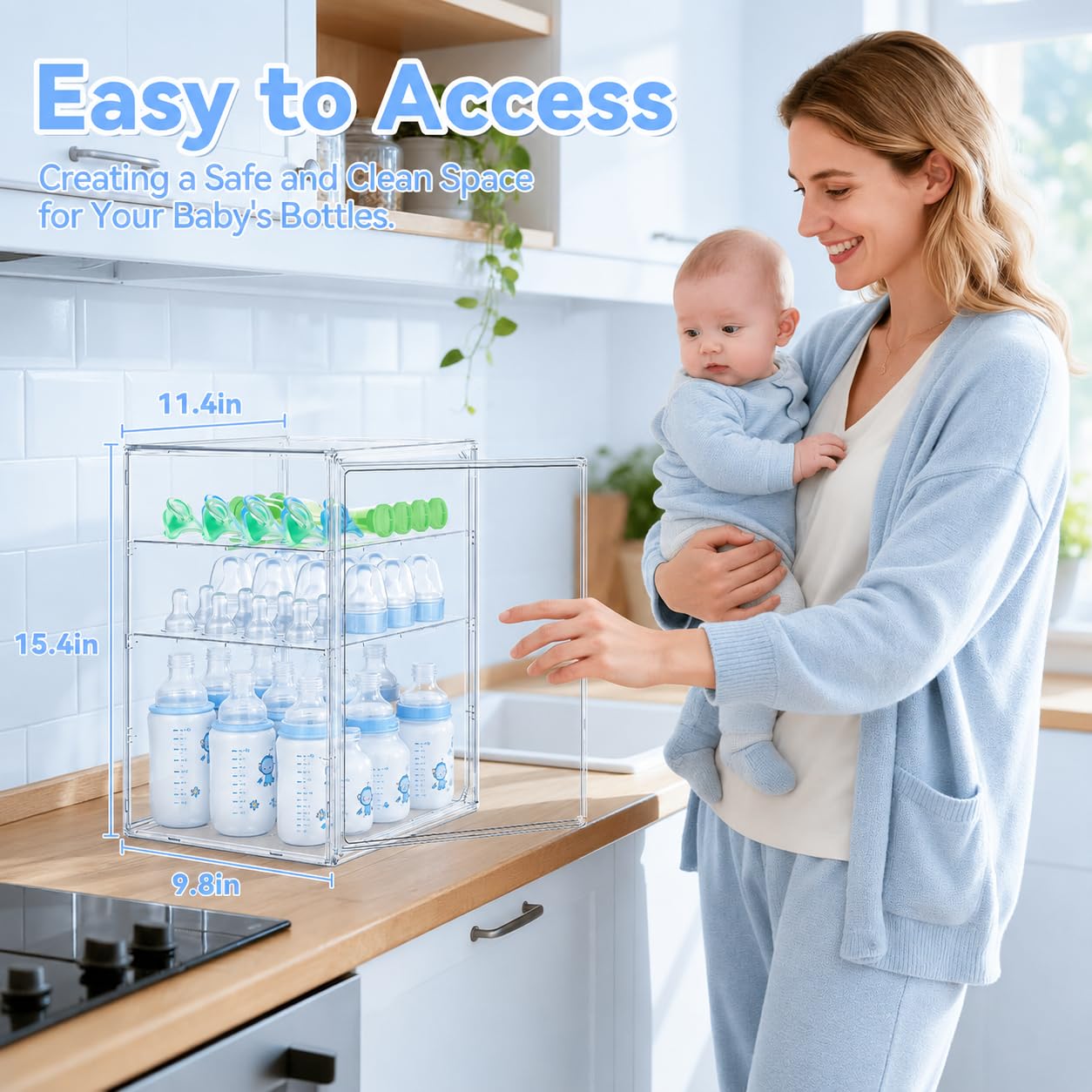 Heliospark Baby Bottle Storage Organizer for Countertop, X-Large Clear Bottle Organizer, Baby Bottle Storage Organizer for Bottles, Nipples, Pump Parts & Food Jars, Nursery Cabinet, Kitchen Pantry