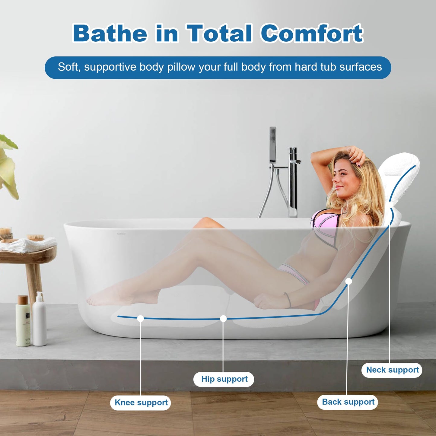 Full Body Bath Pillow, Luxury Bath Cushion with 192 Suction Cups, Bath Pillows for Tub for Head and Neck Support, with Laundry Bag White, 51" x 16"