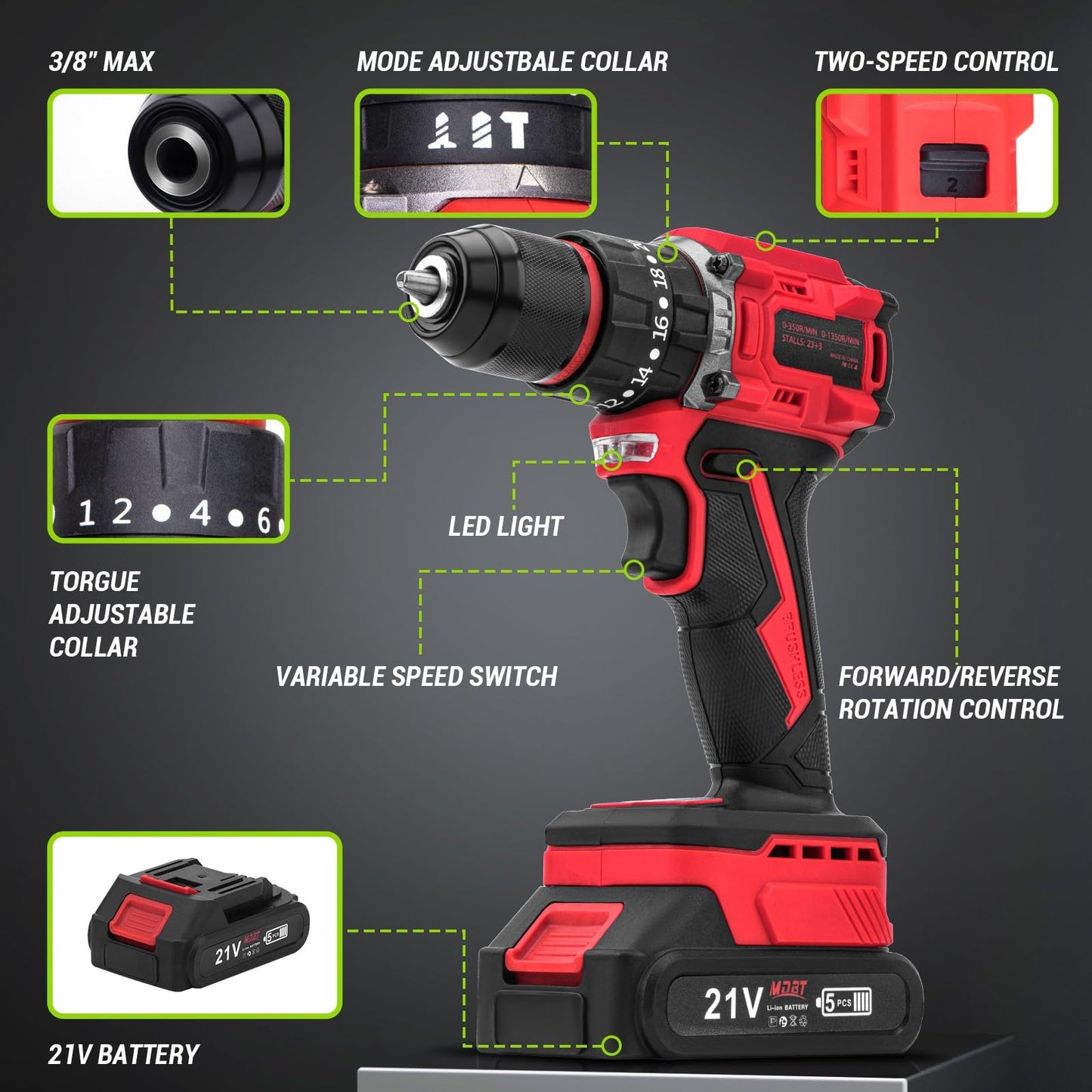 Brushless Drill Set, 21V Cordless with 2 Batteries and Charger, 3/8Inch Keyless All-Metal Chuck, 2 Variable Speeds, 20+3 Power Drill Kit for Screw Wood/Ceramic/Tile/Steel