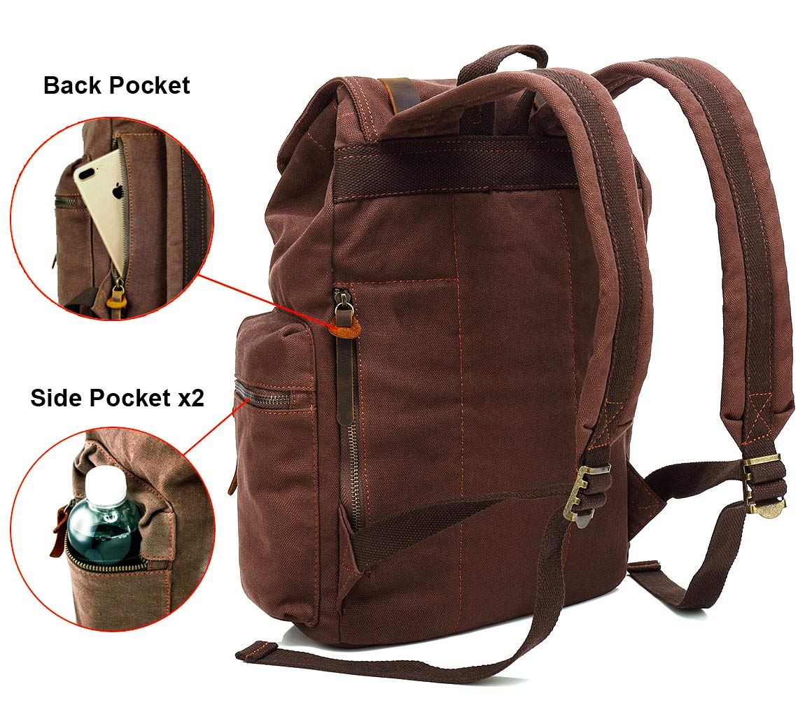 HuaChen Vintage Canvas Travel Backpack with Leather Trim, Laptop Padded Sleeve, Hidden Back Security Pocket, Fits 15-Inch, M32 Coffee Large