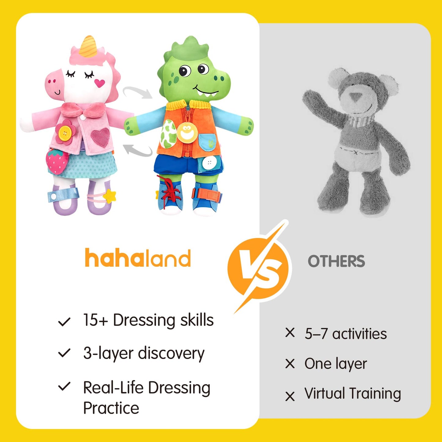 hahaland Montessori 2-in-1 Busy Doll for Toddlers 1-3, Reversible Dinosaur & Unicorn Educational Learn to Dress Doll with 15+ Buckle, Snap & Dressing Skills, Toddler Gifts for 2 Years and Ups