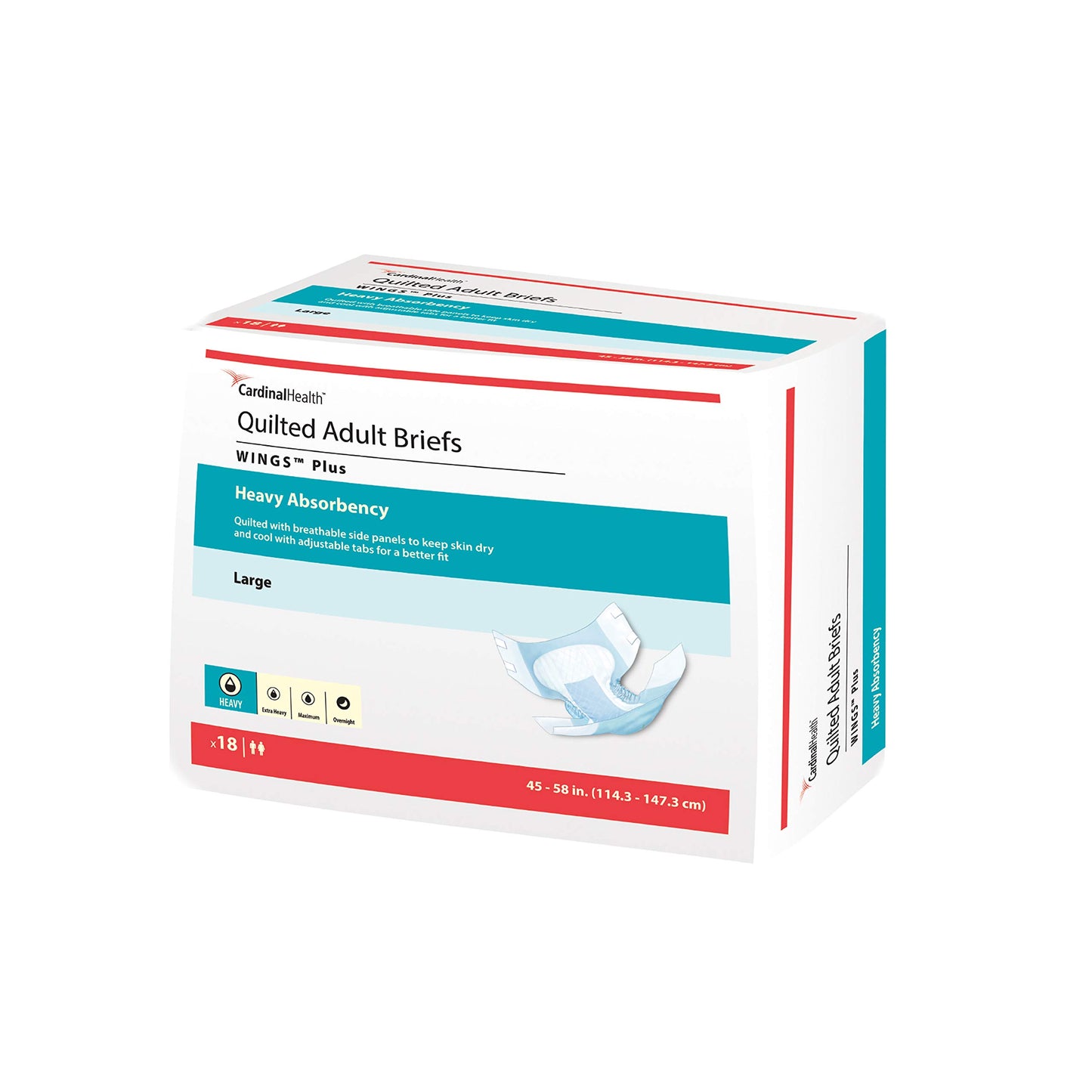 Cardinal Health 66034 Quilted Adult Briefs, Wings Plus, Heavy Absorbency, Large, Case of 4 Bags of 18