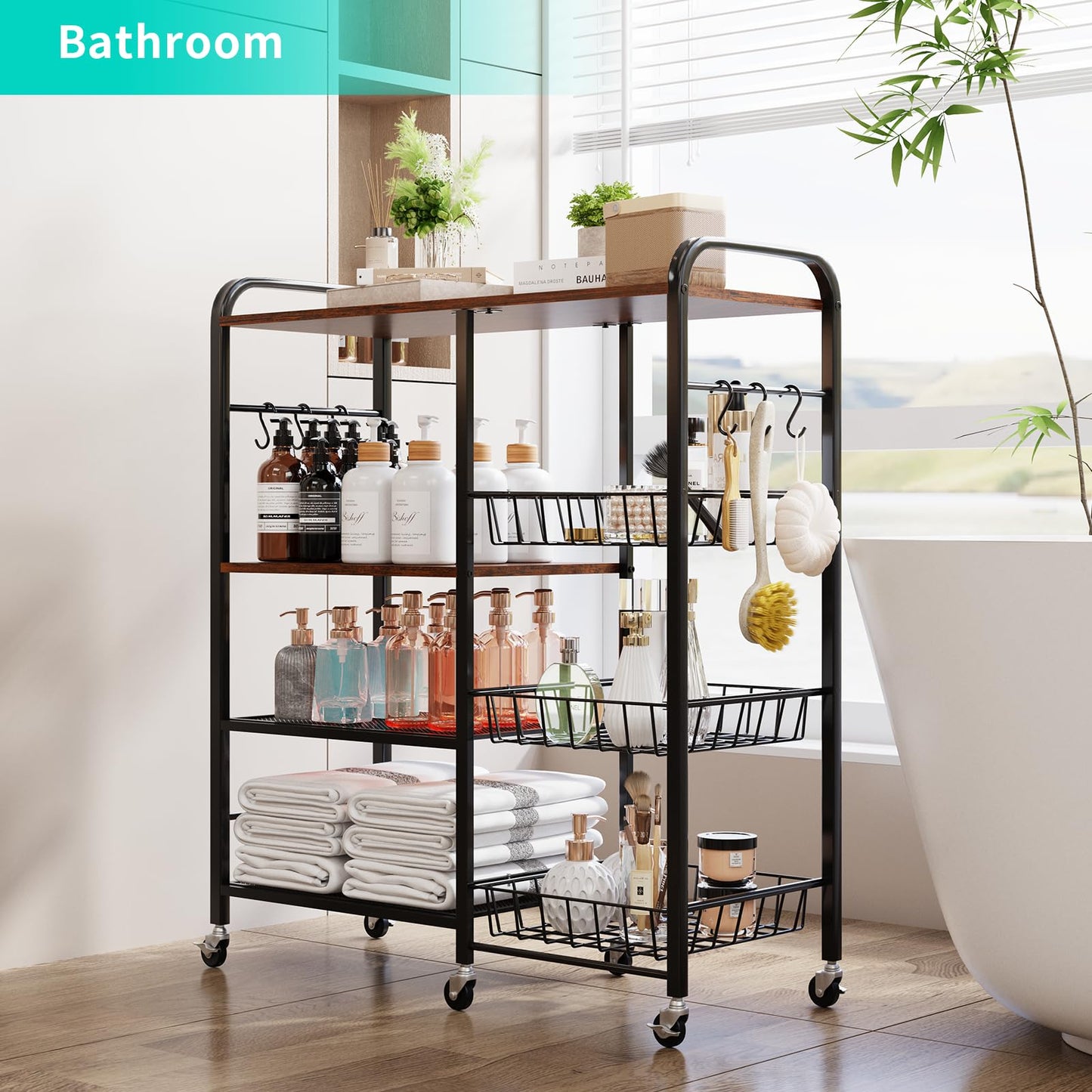 HapiRm Rolling Kitchen Microwave Cart - 4 Tier Microwave Table Stand with Pull-Out Baskets, Coffee Bar Baker's Rack with Wheels Rolling Storage Cart Organizer Shelf for Living Room Office, Balcony