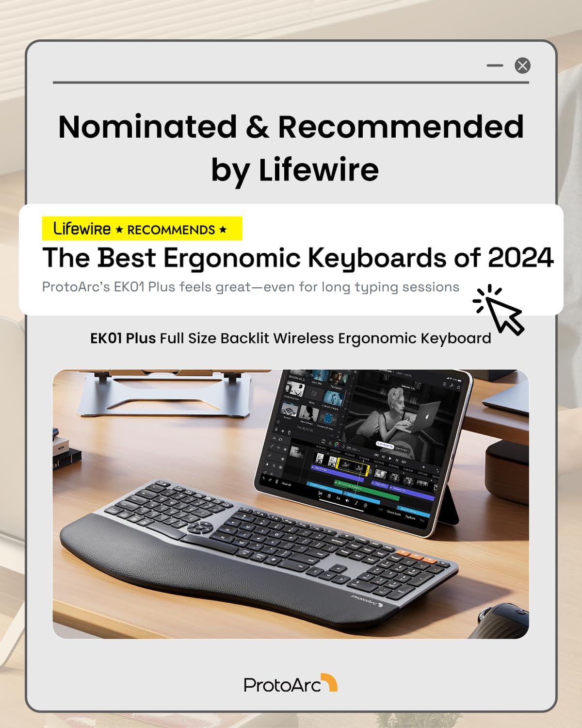 ProtoArc Backlit Bluetooth Ergonomic Keyboard, EK01 Plus Full Size Wireless Split Keyboard with Dual Bluetooth and USB, Cushioned Wrist Rest, Rechargeable, Compatible with Windows/Mac/Android, Grey