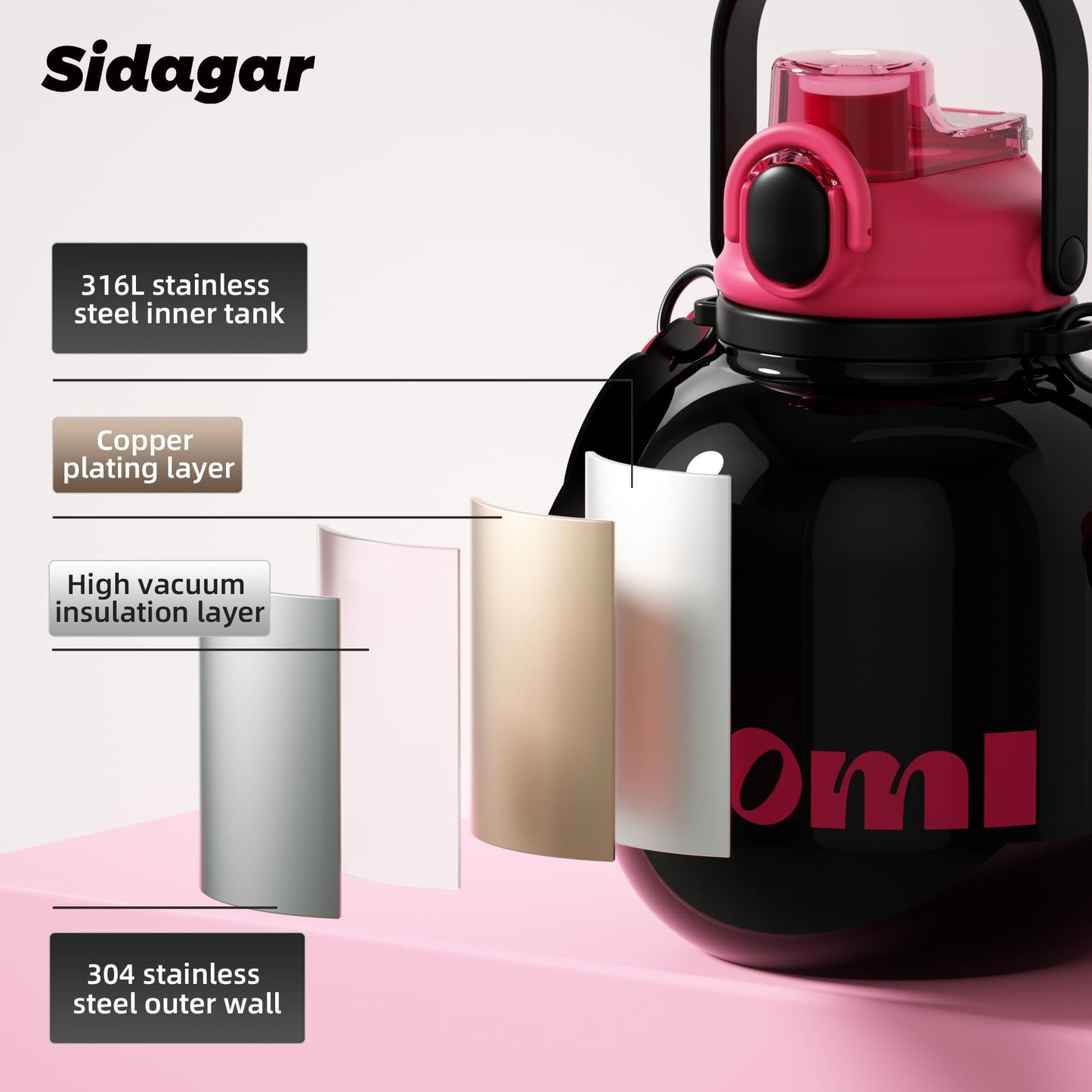 Sidagar 60 oz Big Gallon Water Bottle with Straw and Carry Handle, Black Wide Mouth Vacuum Water Jug, Insulated Stainless Steel Bottles; Heavy-Duty Aesthetic Yoga Flask for Women, Sweet & Cool Black