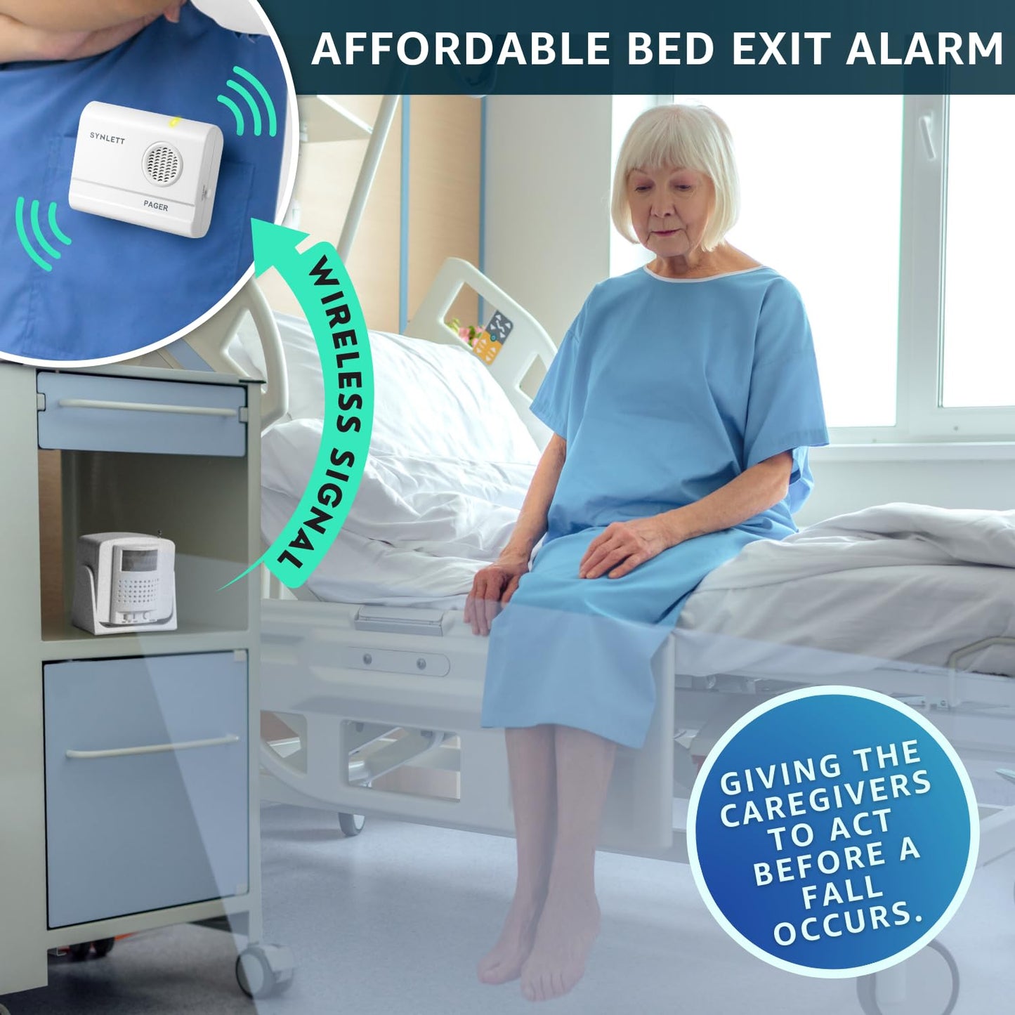 SYNLETT Bed Alarm Caregiver Pager with 2 Wireless Motion Sensors Alarm Indoor Fall Prevention for Elderly Monitoring Seniors Dementia Patients Seniors Home Door Chime