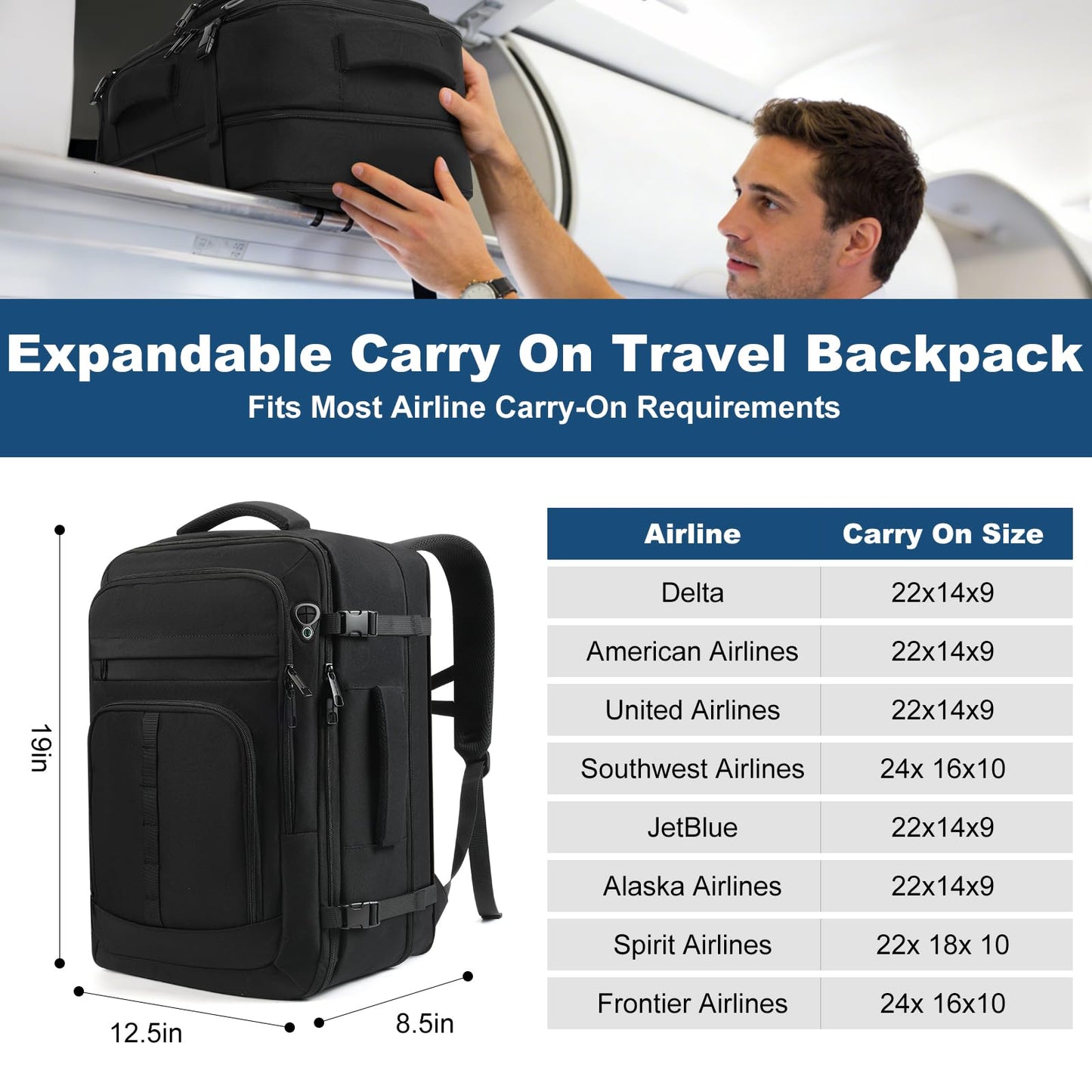 Spacious Travel Backpack,Expandable 1-5 Days Carry on Backpack with USB Cable Port,Fits 17.3" Laptop Notebook,Water Resistant Weekender Backpack for Men Women Bussiness Trips,Daily Use,Black