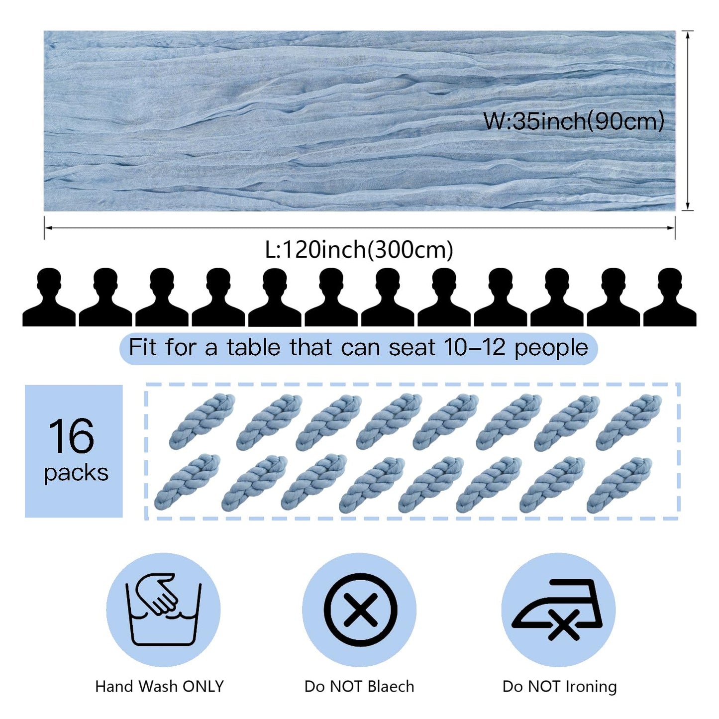 16 Pack Cheesecloth Table Runner, 35x120 Inch Boho Gauze Table Runners, Cheese Cloth Long Table Runner Elegant Table Runners for Party Wedding Bridal Shower Table Decor (Blue)