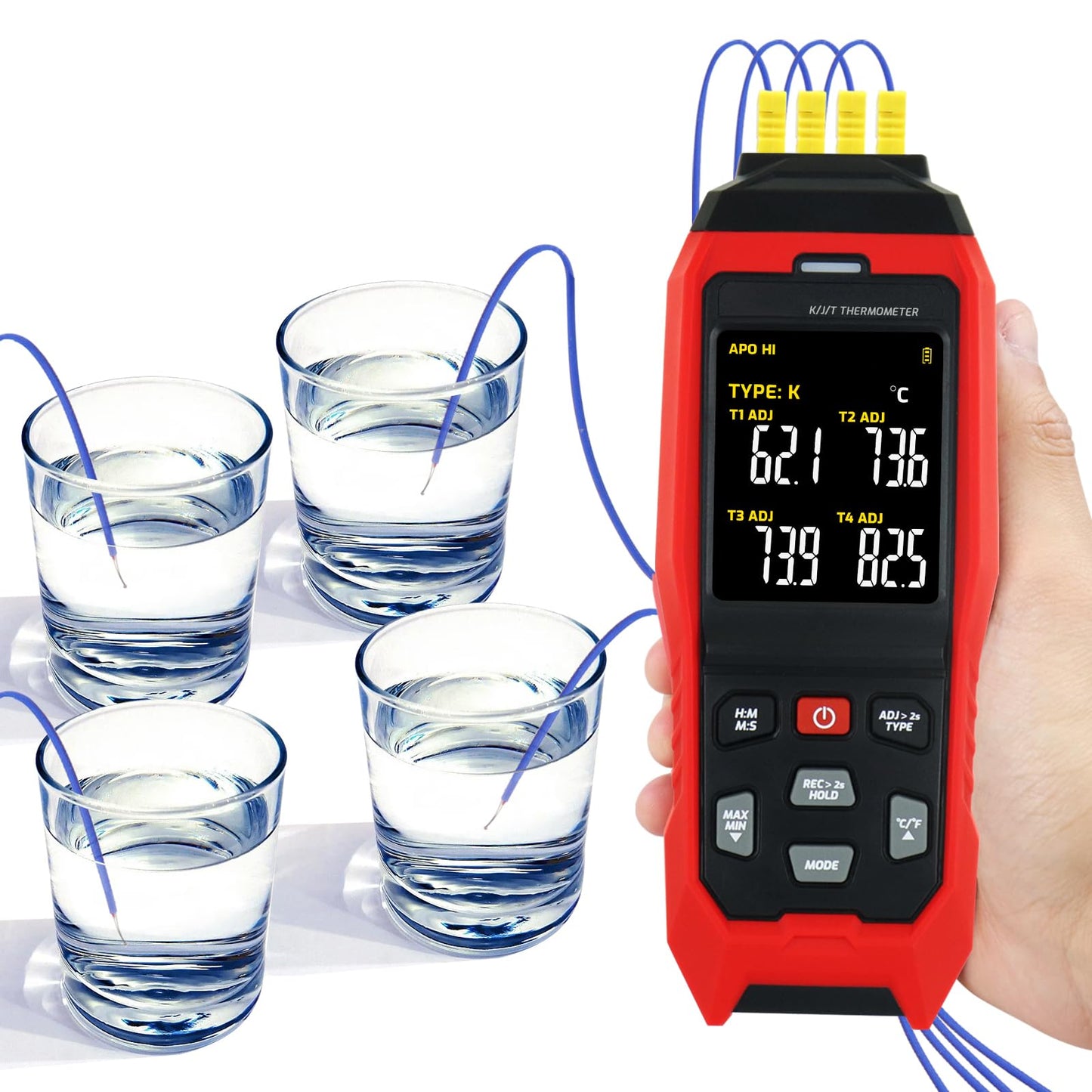 4-Channel Thermocouple Thermometer DataLogger, Digital K/J/T Type Thermometer with 5000 Groups Programmable Temperature Data Logging in Range of -328~2501℉, 4 K-Type thermocouples, ADJ Compensation