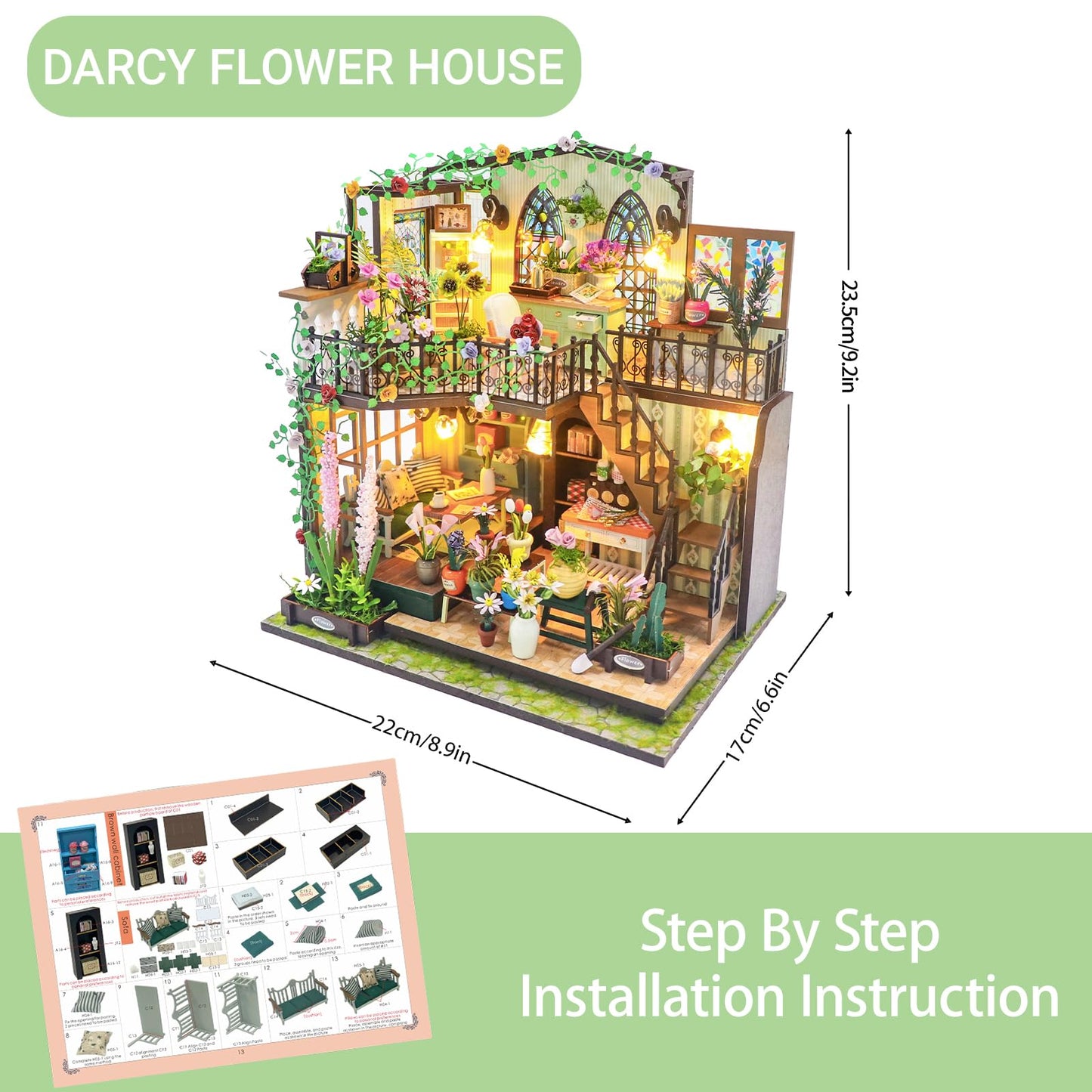 DIY Miniature House Kit, Fairy Dollhouse for Adults to Bulid,Tiny Home Making Kit with Wooden Furniture and LED, Halloween Decoration for Family and Friends (Darcy Flower House)
