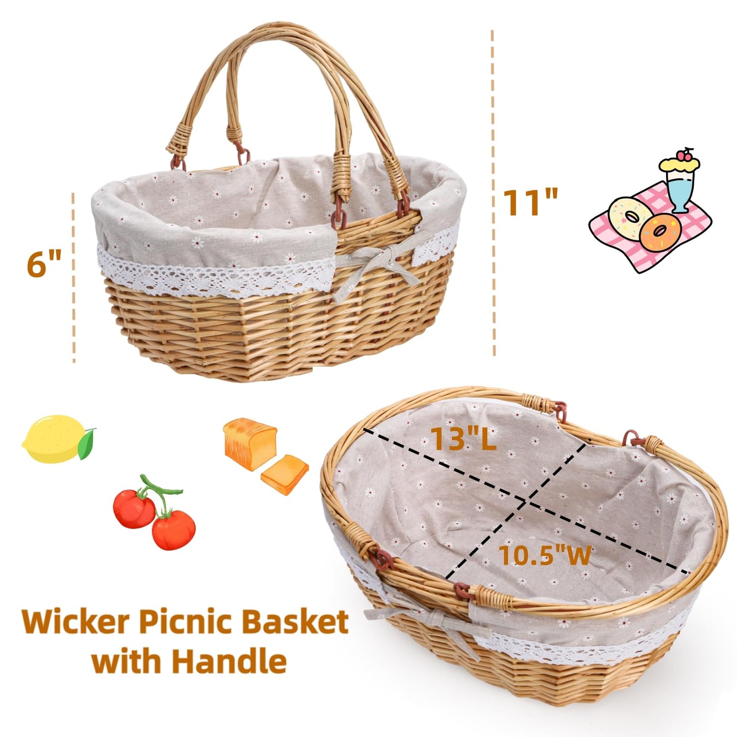 Dicunoy Wicker Picnic Basket with Handle, Large Empty Gift Basket to Fill, Open Top Market Harvest Baskets for Garden, Fruit, Candy, Wine, Easter Egg Gathering, Wedding, Vegetables