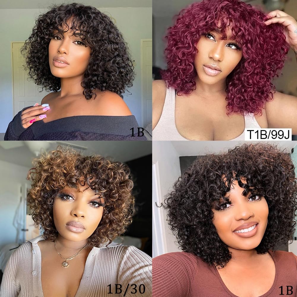 Queenset Short Curly Human Hair Wigs with Bangs Glueless Wigs for Black Women Human Hair Wear and Go Brazilian Deep Wave Curly Wigs with Bangs None Lace Front Wigs Human Hair Natural Black Color