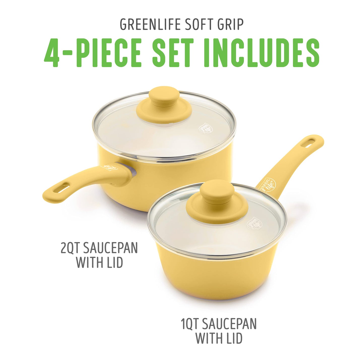GreenLife Soft Grip 1QT and 2QT Saucepan Set, Healthy Ceramic Nonstick, Non Toxic PFAS & PFOA-Free, Dishwasher Safe, Glass Lids, Stay-Cool Handles, Easy Clean Cookware, Kitchen Essentials, Yellow