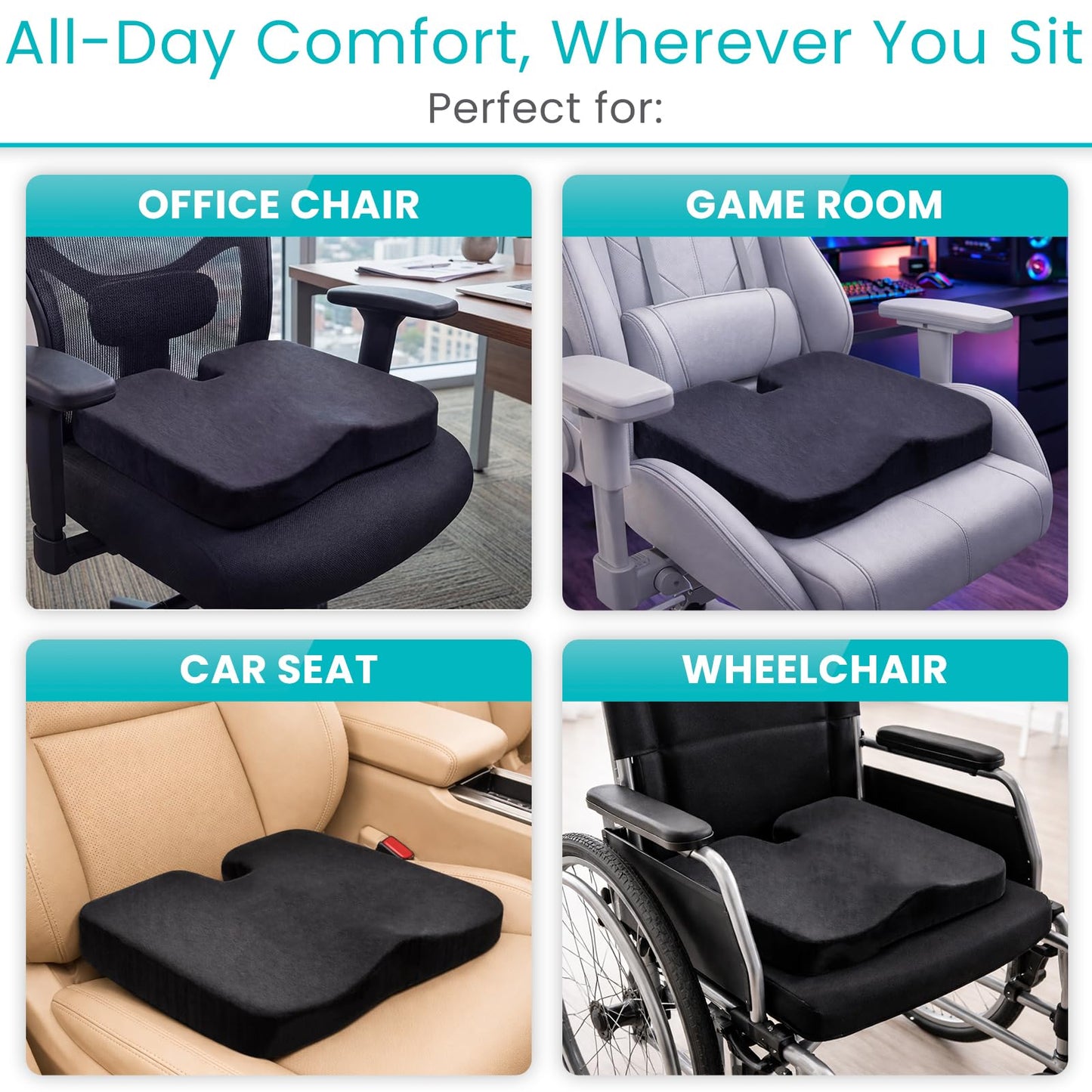 Vive Memory Foam Seat Cushion – Tailbone Pain Relief, Sciatica, Coccyx & Back Support for Office Chair, Car Seat, Wheelchair & Airplane, Water-Resistant Cover, 2-Layer Foam Comfort, Wheelchair (Black)