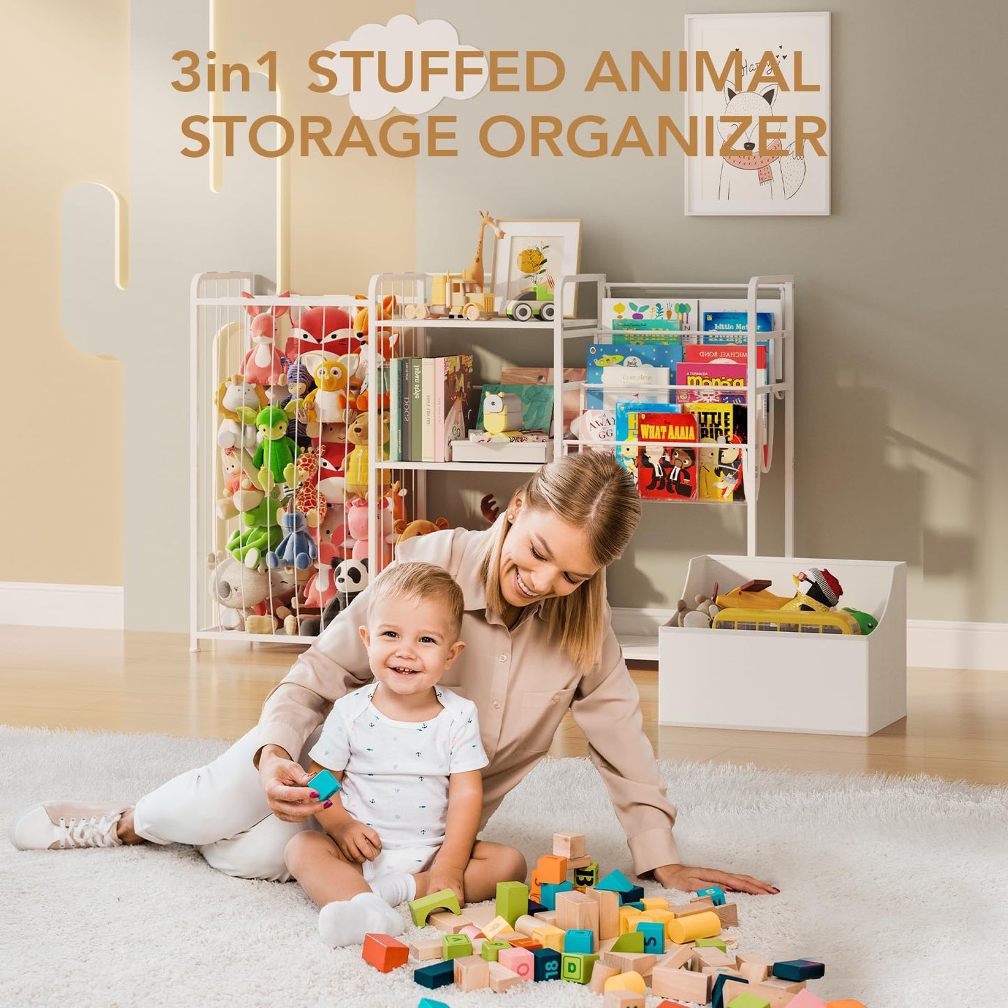 BBLIKE Kids Bookshelf and Toy Storage Organizer, 3-in-1 Toddler Montessori Bookcase with Stuffed Animal Storage & Movable Toy Chest, Large Plushies Holder for Nursery Playroom Bedroom, White