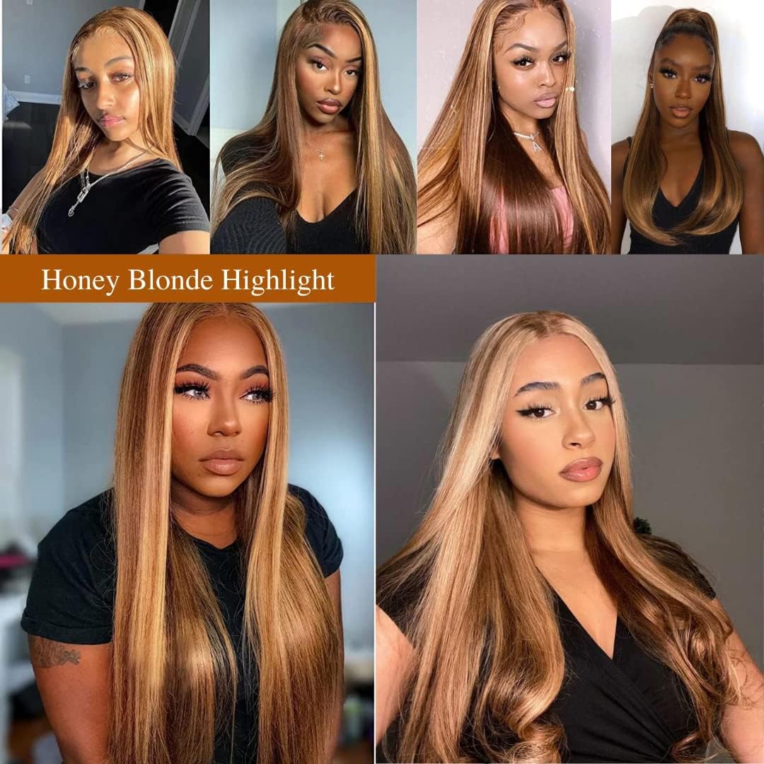 360 Lace Front Wigs Human Hair Highlight Ombre Straight Honey Blonde HD Transparent Lace Pre Plucked with Baby Hair 12A Brazilian Virgin Remy Hair P4/27 Colored Human Hair Wig 150% Density 18 Inch