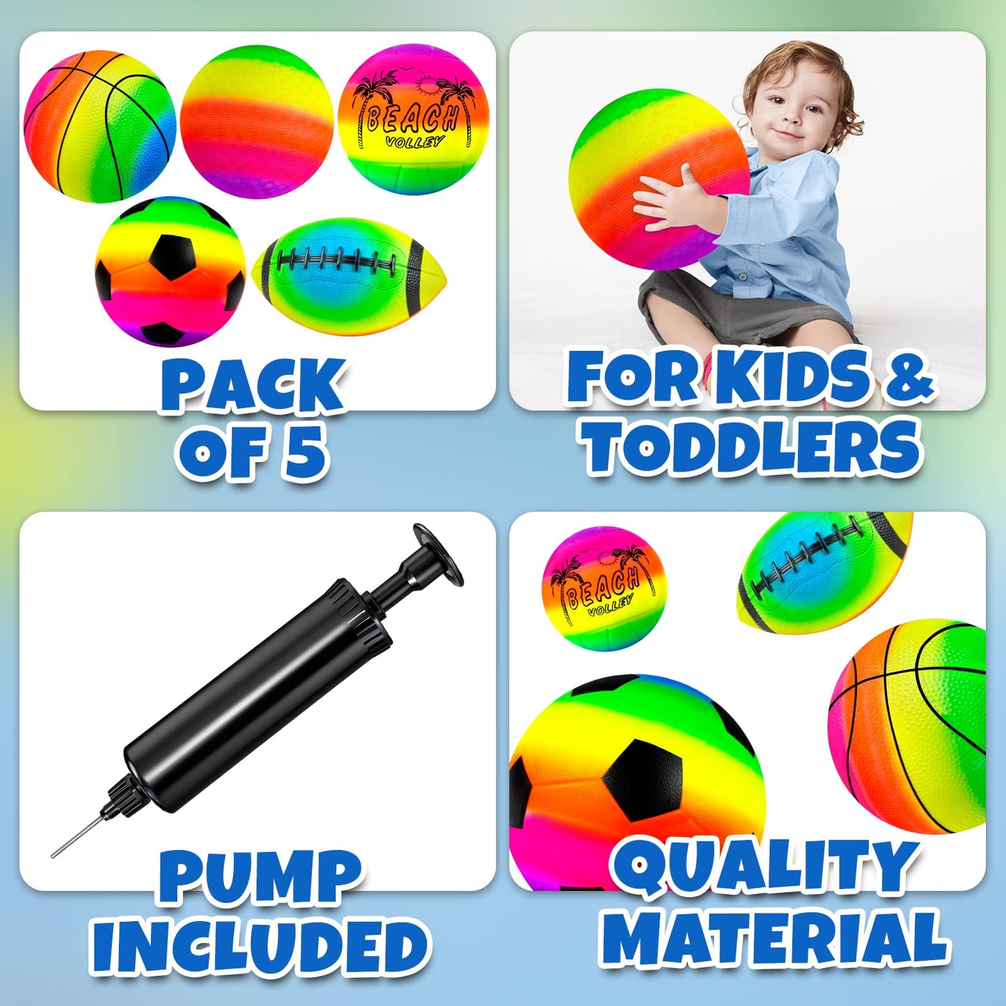 Hymaz 5 Pack Kids Sports Balls Rainbow Playground Balls with Pump for Football, Soccer, Basketball, Volleyball, Dodgeball, Indoor, Outdoor, Beach, Playground, Backyard, Pool, Class Game