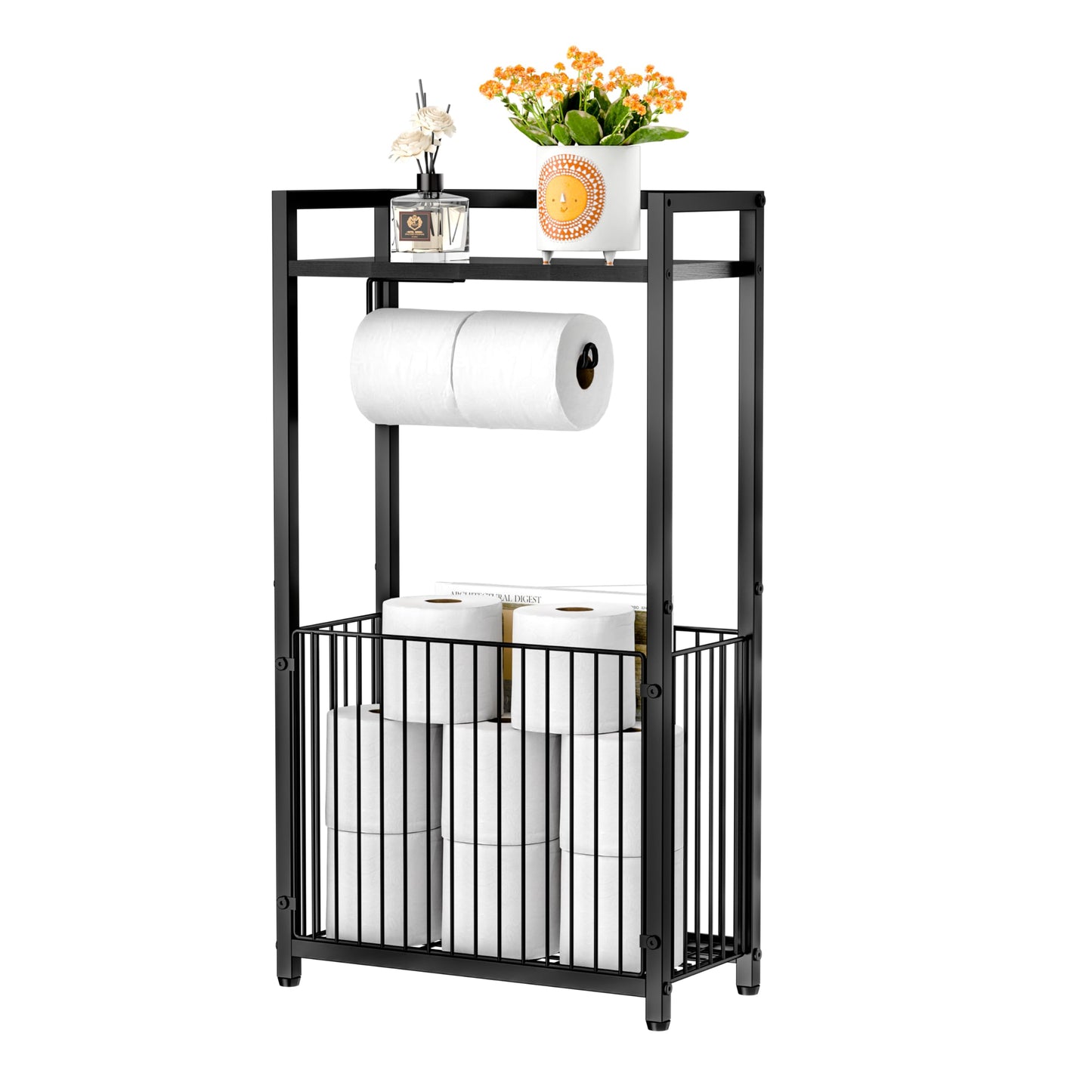 Freestanding Toilet Paper Holder with Storage Shelf - Larger Size Bathroom Tissue Stand with Space for Multiple Rolls, Phone, Wipes, and Magazines – All-in-One Toilet Roll Dispenser and Organizer