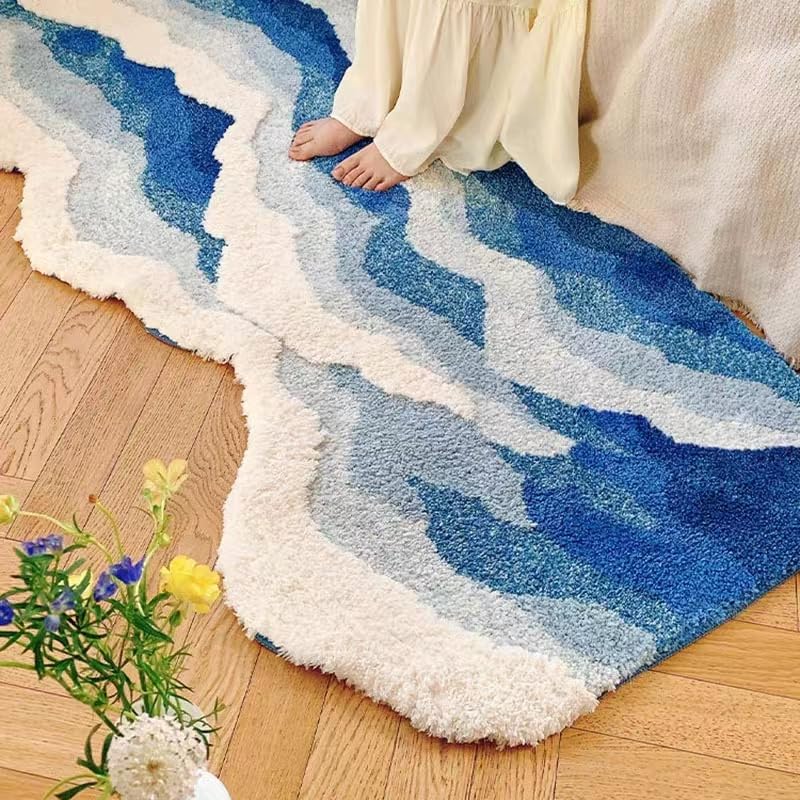 ZYLG Blue 3D Ocean Wave Bath Mat, Cute Funky Bathroom Rugs,for Coastal Beach Nautical Themed Decor, Non-Slip Washable Tufted Rug for Bedroom Kitchen Runner Rug (27.6 x 63 in)