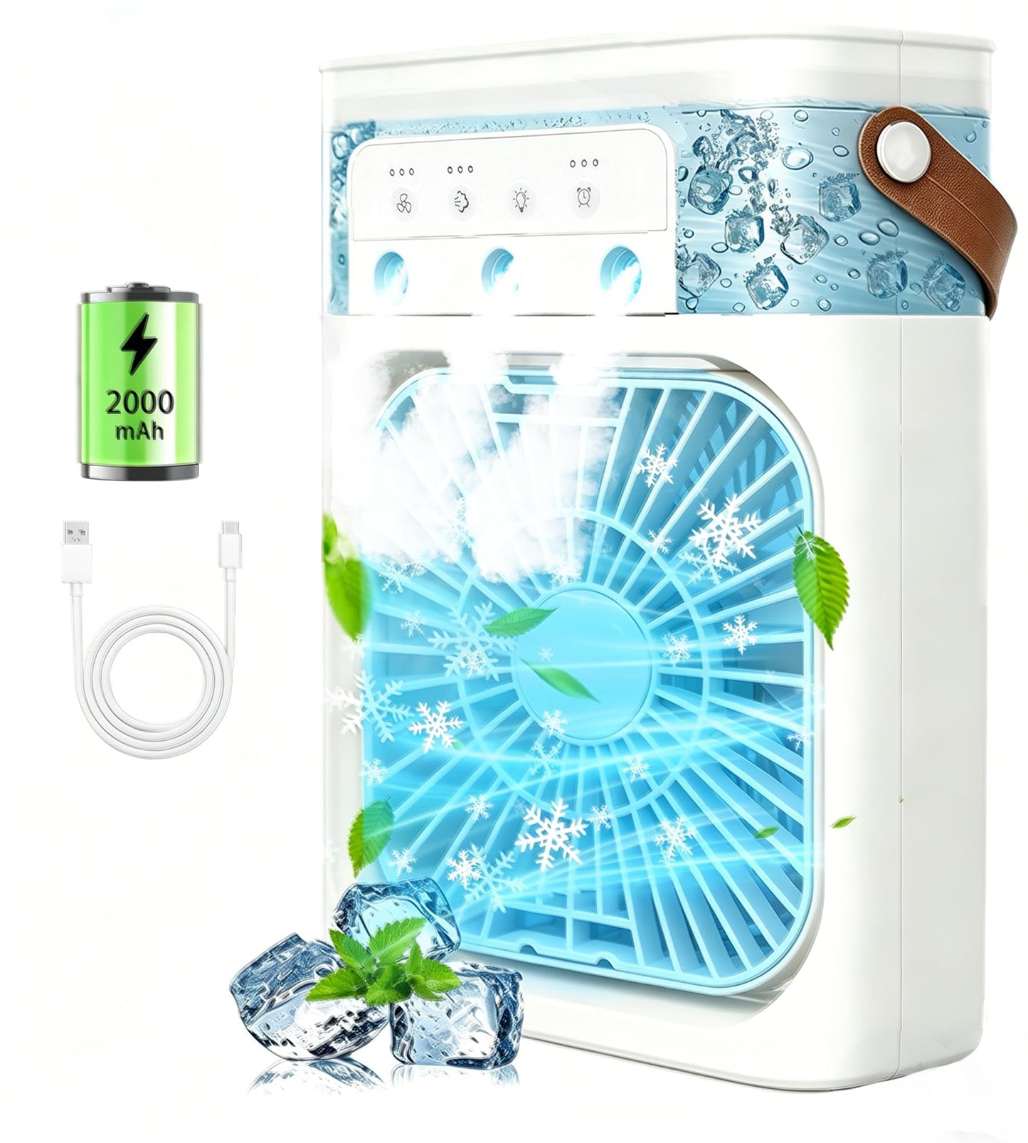 Portable Air Conditioners, 2000mAh Rechargeable Mini Air Cooler Fans, 500ML Personal Portable AC Unit with 3 Speed, 2 Spray, 7 Color, 3 Timer, Small Desktop Cooling Fan for Bedroom Office (White)