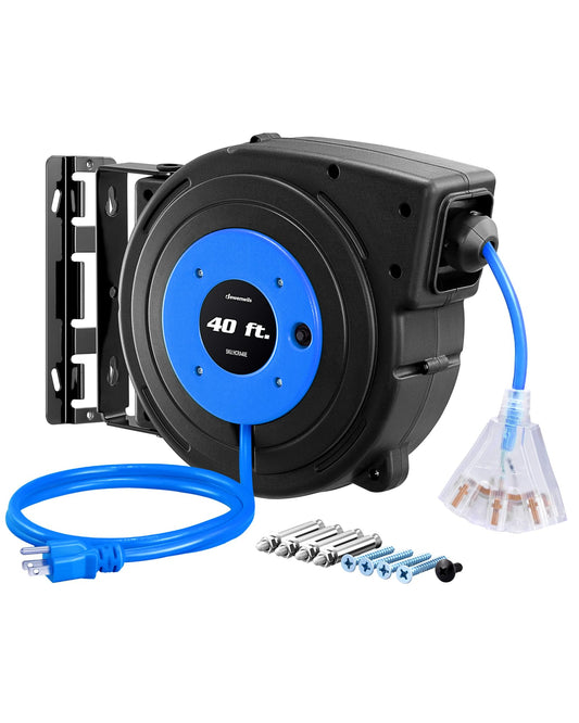DEWENWILS Heavy Duty Cord Reel, 40FT Retractable Extension Power Cord, 12AWG/3C SJTOW, 3-Lighted Triple Outlets, 15A Circuit Breaker, Wall/Ceiling Mounted, Adjustable Stopper UL Listed, Blue