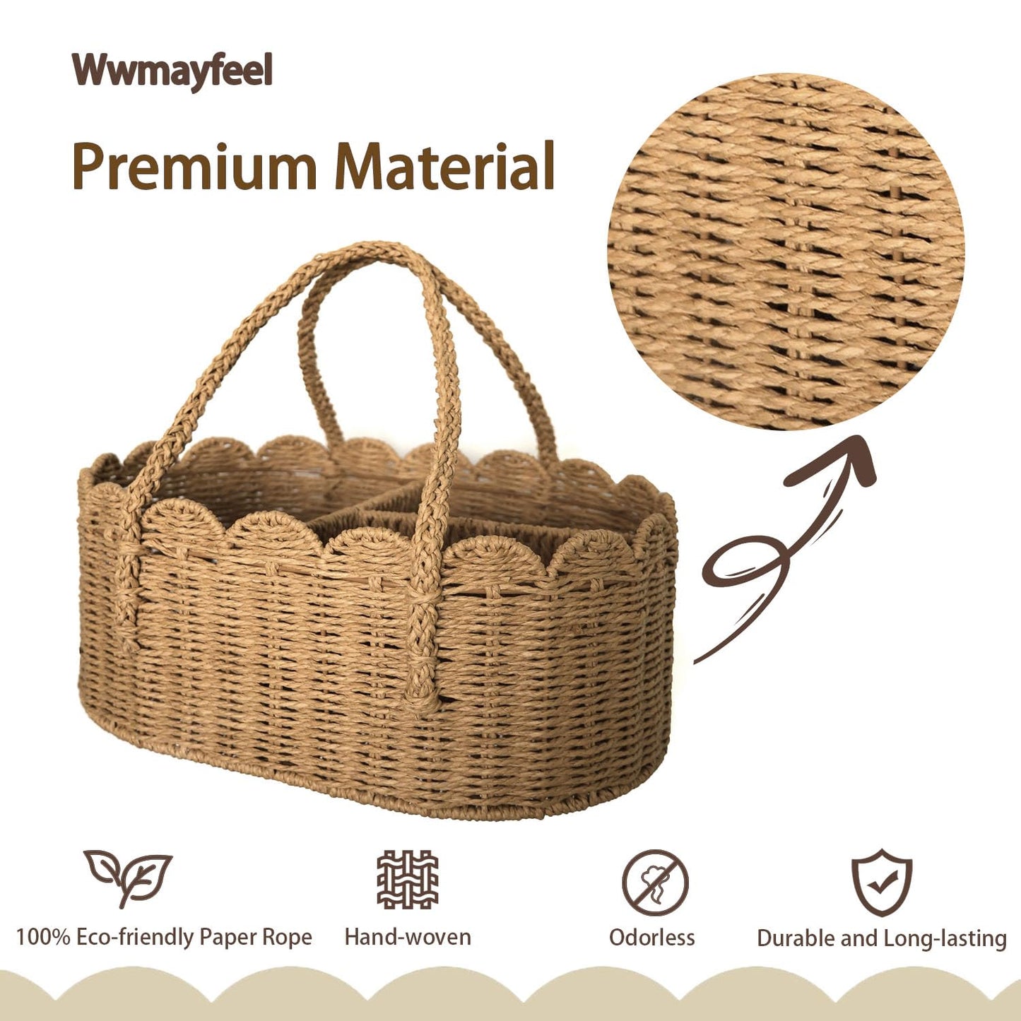 wwmayfeel Diaper Caddy Organizer, Paper Rope Storage Baskets Nursery Bin with Removable Divider, Portable Car Organizer for Diapers, Baby Shower Gifts, Newborn Essentials Must Haves
