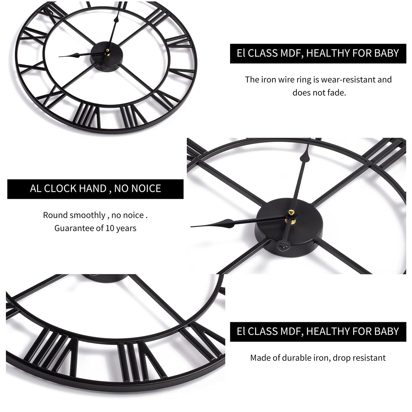 1st owned Large Wall Clock Metal Retro Roman Numeral Clock, Modern Round Wall Clocks Almost Silent, Easy to Read for Living Room/Home/Kitchen/Bedroom/Office/School Decor (Gold, 24 Inch)