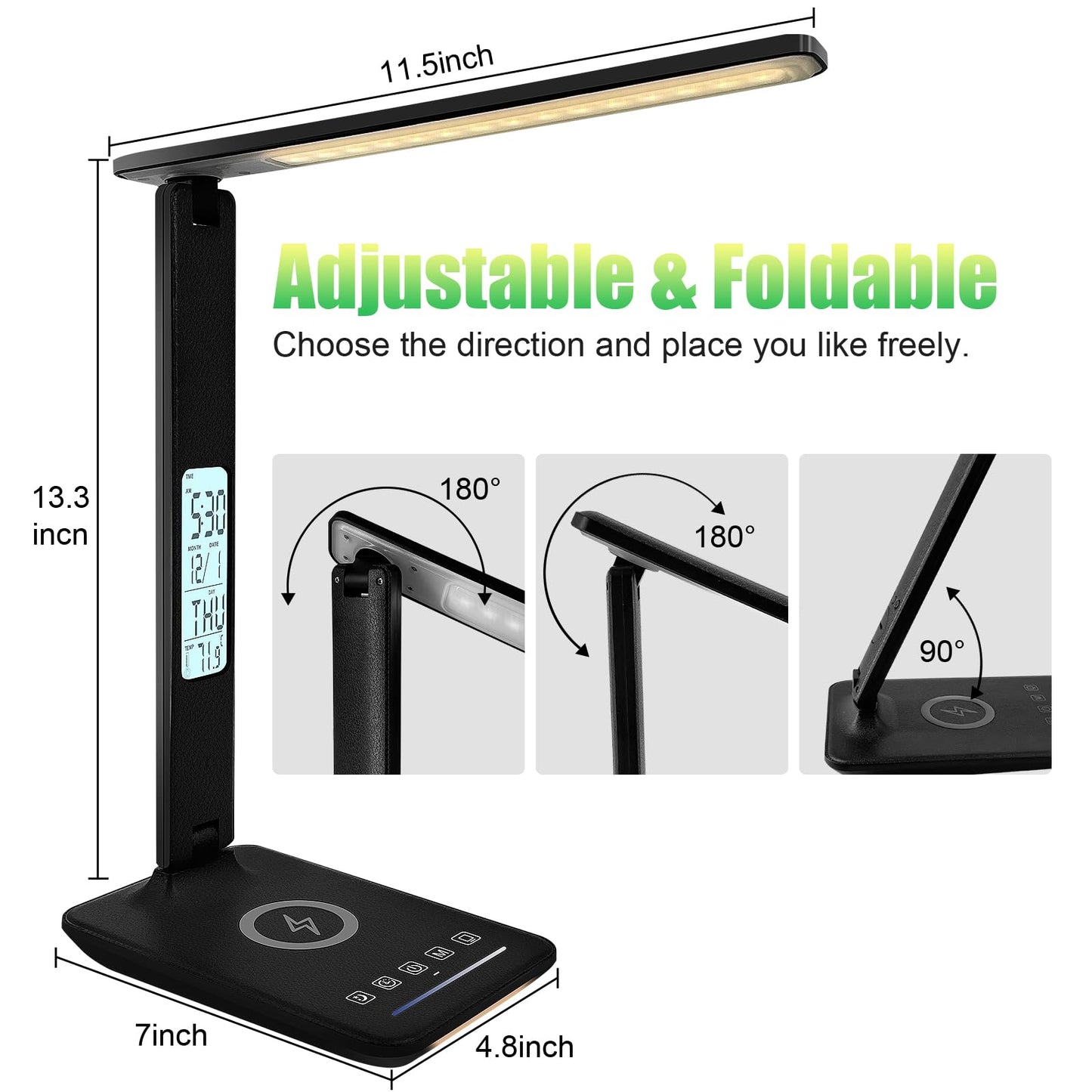snsok Desk Lamp with Wireless Charger, USB Charging Port, Dimmable Office Desk Light with Clock, Alarm, Date, Temperature, Foldable Lamp for Table Bedroom Bedside Office (Black Pro)