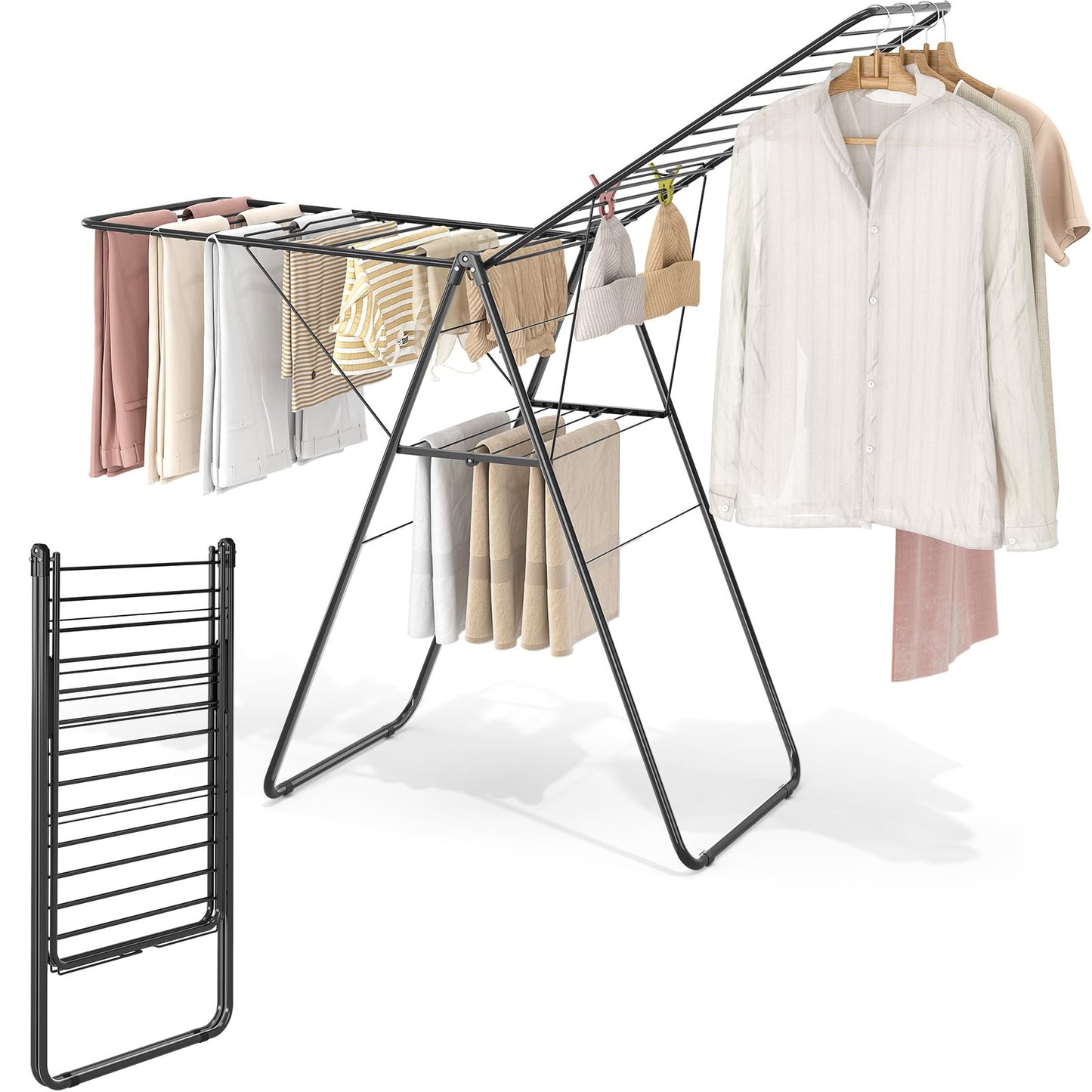 KINGBOARD Clothes Drying Rack Foldable, Drying Rack Clothing with Height-Adjustable, Metal Laundry Rack, Indoor Outdoor Use, No Assembly, 20.47"x 70"x 42.52", Black