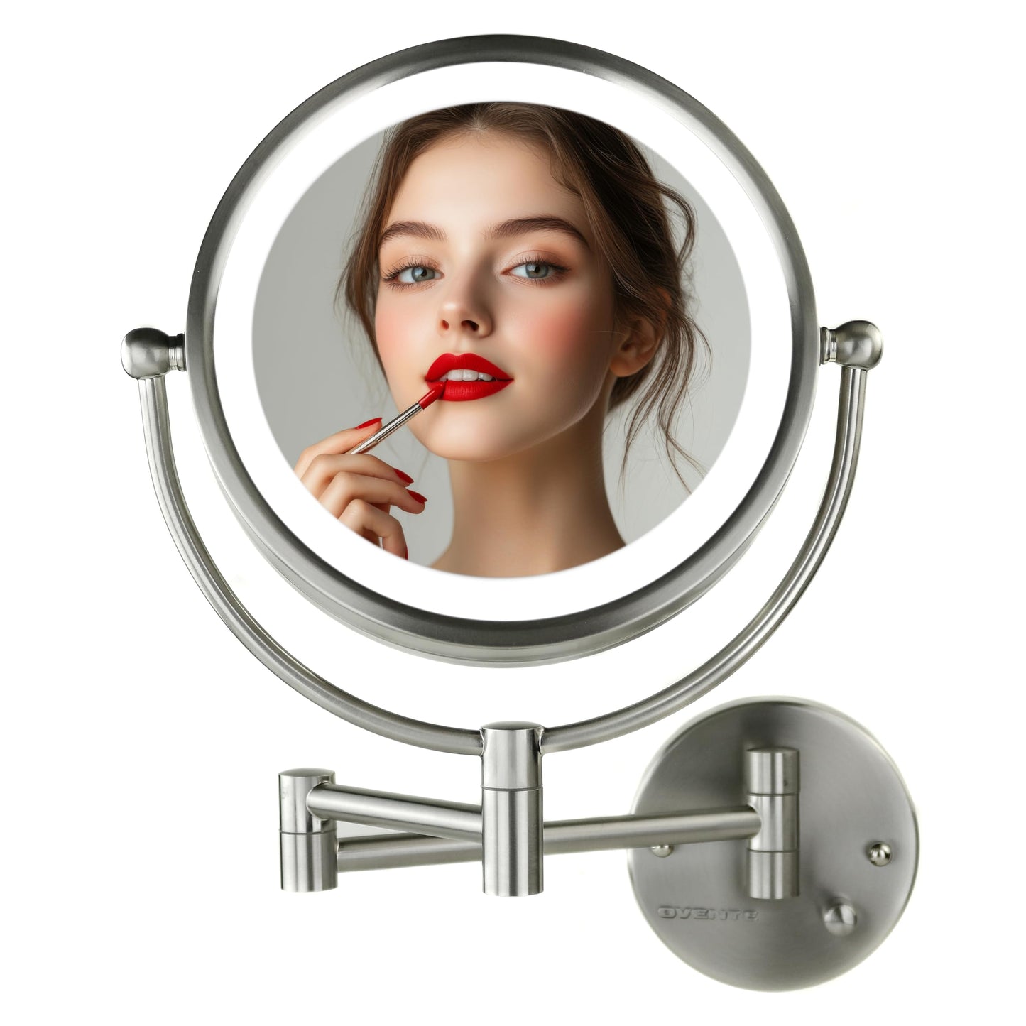 OVENTE 9" Lighted Wall Mount Makeup Mirror with 1X/7X Magnification, Double Sided Magnifying Vanity Mirror, LED Glow Light, 360° Swivel Design, Extendable & Folding Arm, Nickel Brushed MPWD3185BR1X7X