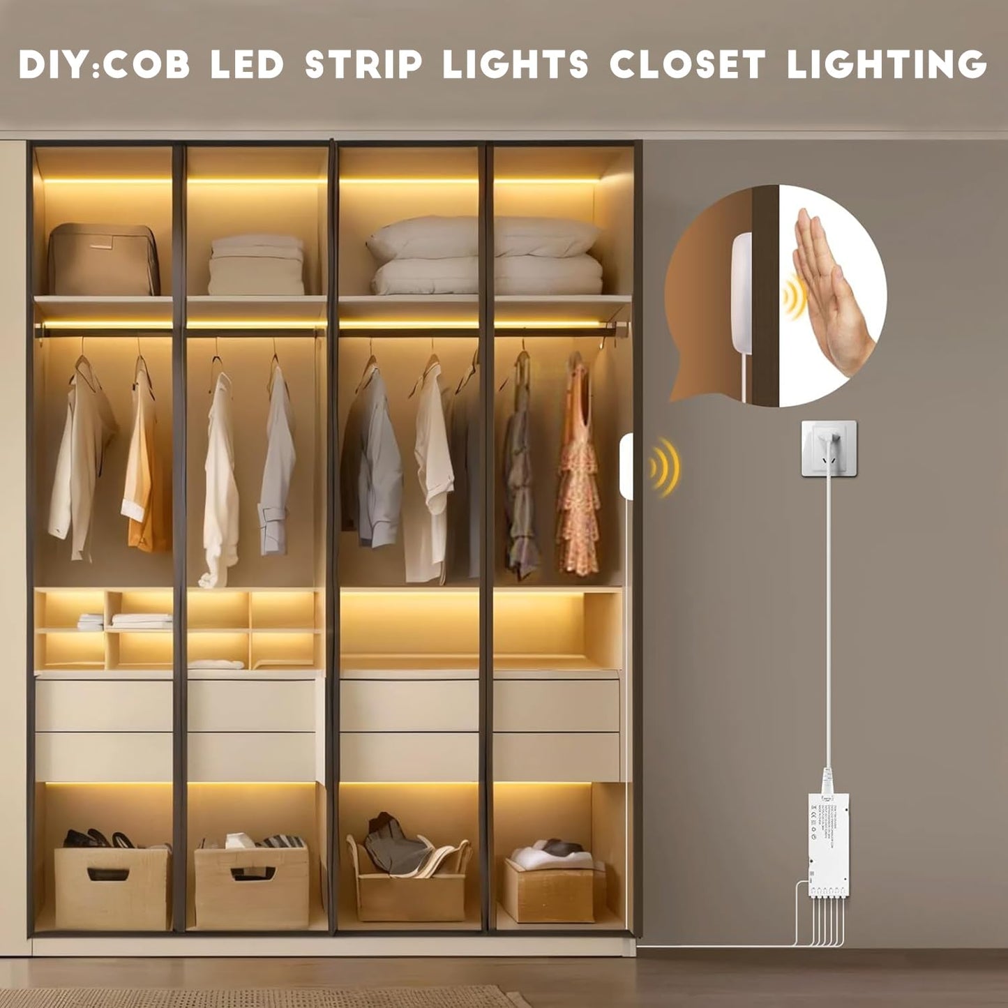 CHNMALITAI COB LED Strip Lights 12V Penetrable Wood Touch Dimmable LED Under Cabinet Light Kit with 60W Adapter 2M/6.56FT Flexible COB LED Strip for DIY Kitchen,Cabinet,Counter,Shelf,Showcase Decor