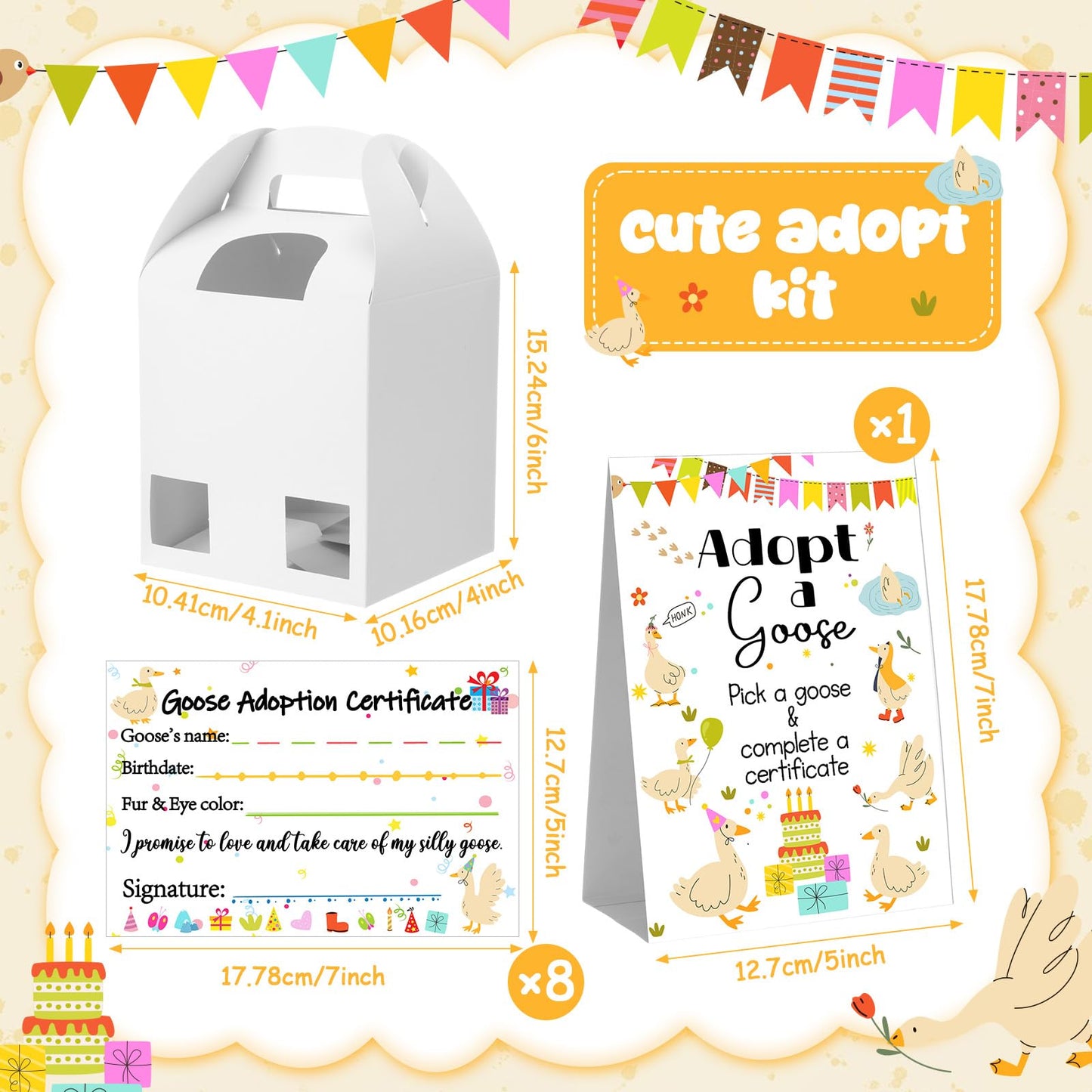 HyDren 33 Pcs Adopt Pet Party Favors Include Adoption Sign 8 Animal Adoption Certificate 8 Plush Pet Stuffed 8 Birthday Hats 8 White Paper Boxes for Adopt a Animal Birthday Party Favor (8 Goose)