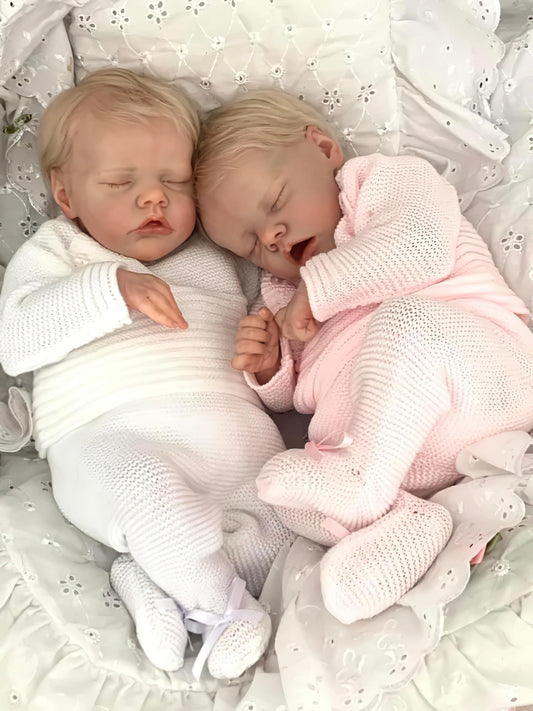 Ardol 18 Inch Realistic Reborn Baby Doll Twins - Lifelike Newborn Full Body Vinyl Boy & Girl Set with Golden Hair Sleeping Cuddly Doll Collectible Gift Set