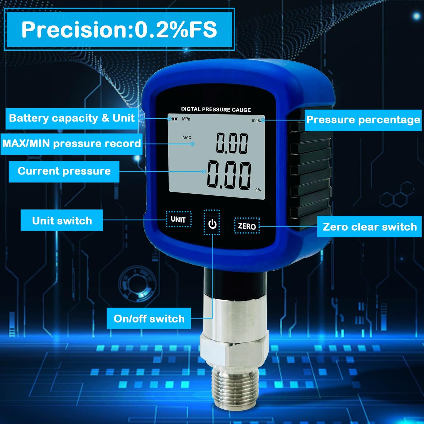S281 High Precision 10000PSI 70Mpa Digital Hydraulic Pressure Gauge 0.2% FS Accuracy Air Manometer 1/4 Inch NPT Thread with Bluetooth Connection for Mobile Phone and 330° Rotation