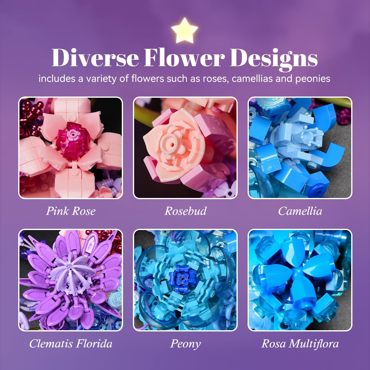 Moon Eternal Flower Decoration Building Set for Adults, 977 Pcs Micro-Particle Crescent-Shaped Artificial Flowers Building Blocks with Built-in Wall-Mounting Holes for Easy Wall Display (JJ9163)