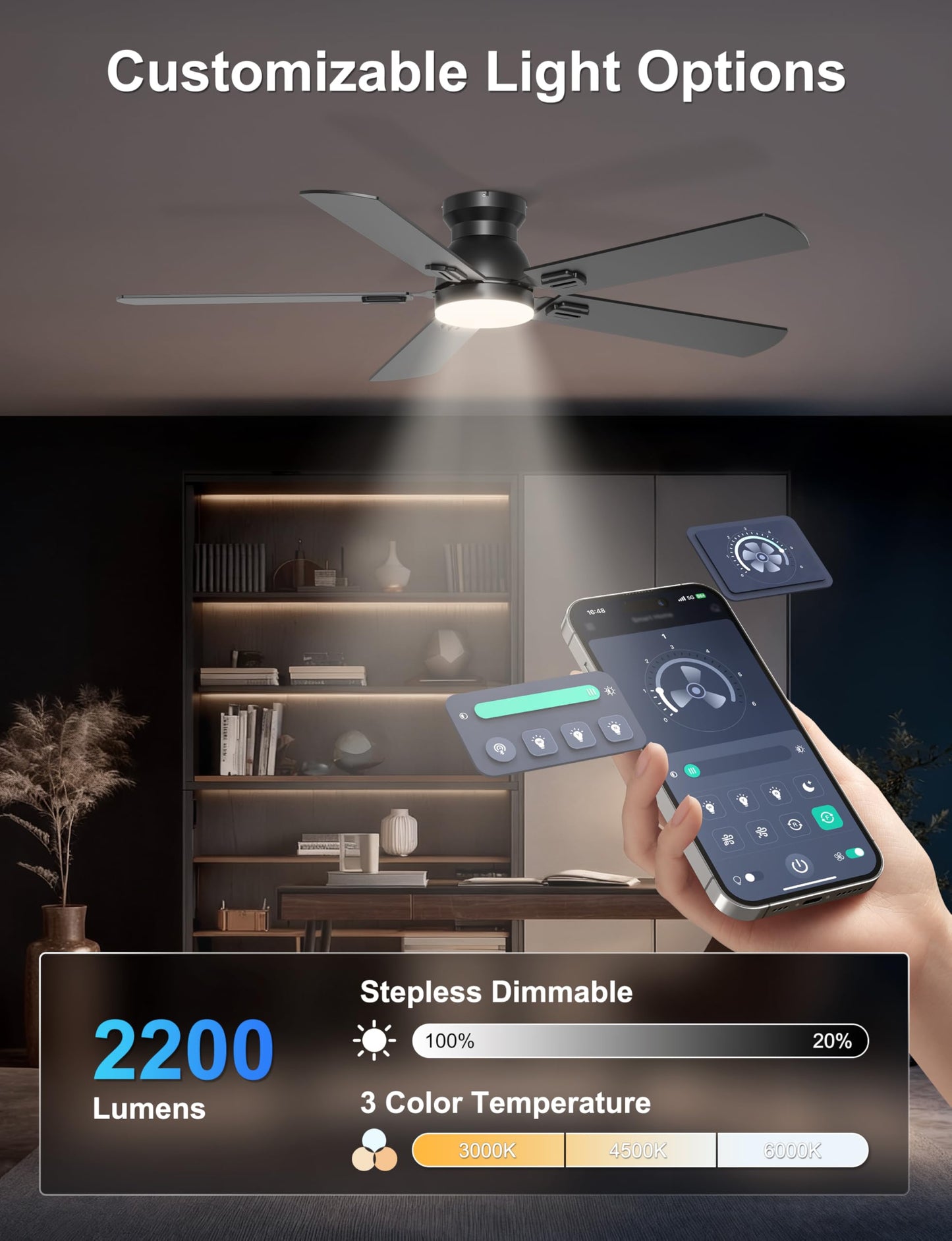 Phylluz 52'' Flush Mount Ceiling Fan with Lights, Space-Saving Low Profile for Low Ceilings, App/Remote Control, Safe Quiet DC Motor for Bedroom Living Room, Dimmable, Black